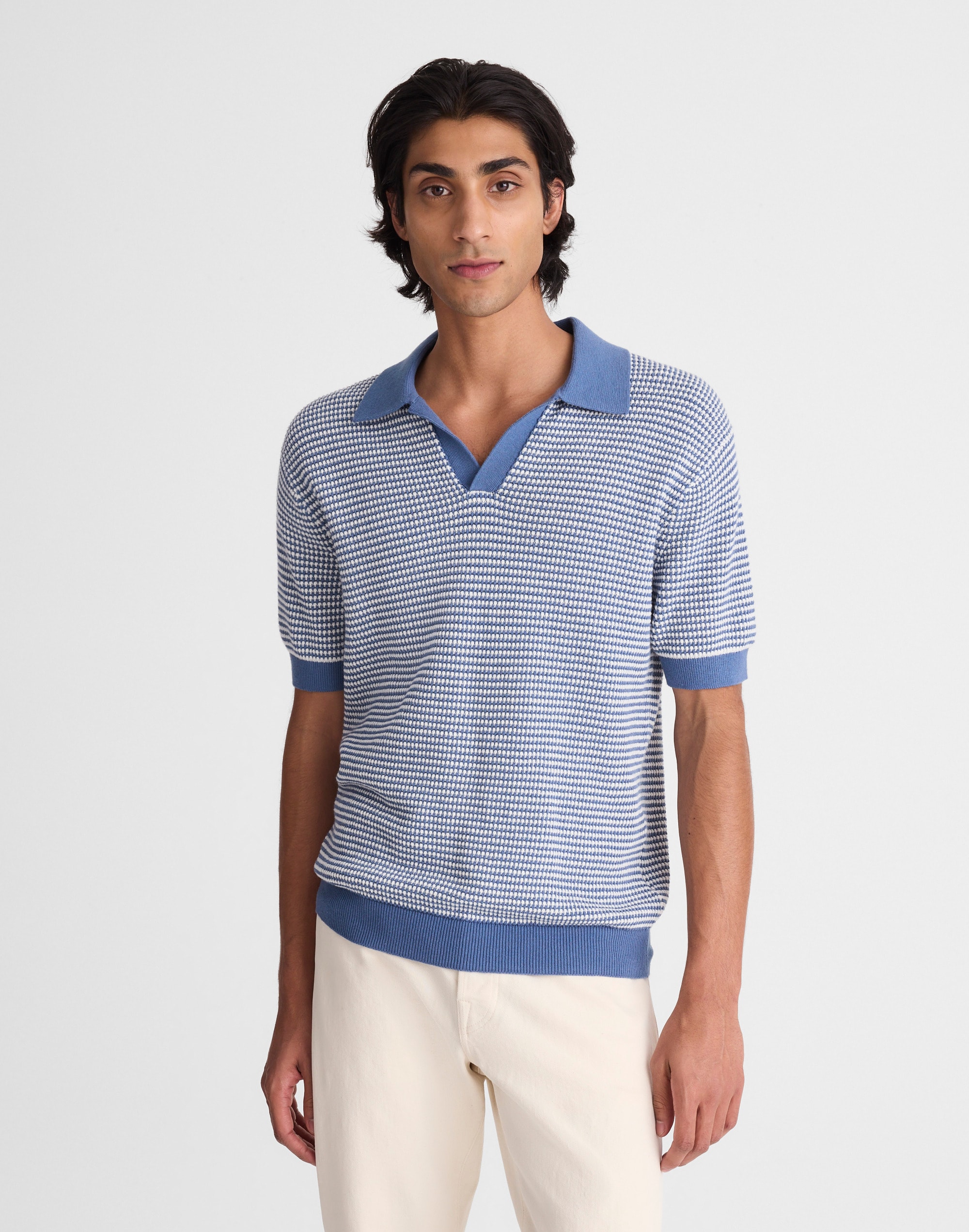 Textured-Stitch Johnny-Collar Sweater Polo