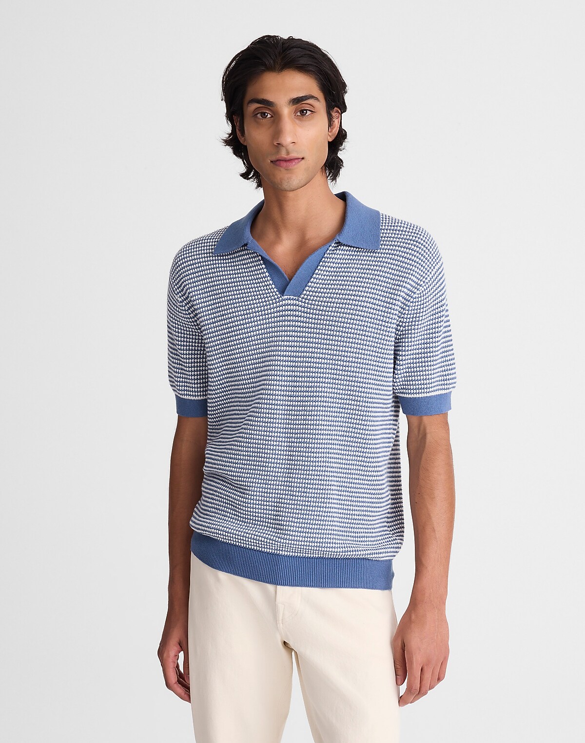 Textured-Stitch Johnny-Collar Sweater Polo