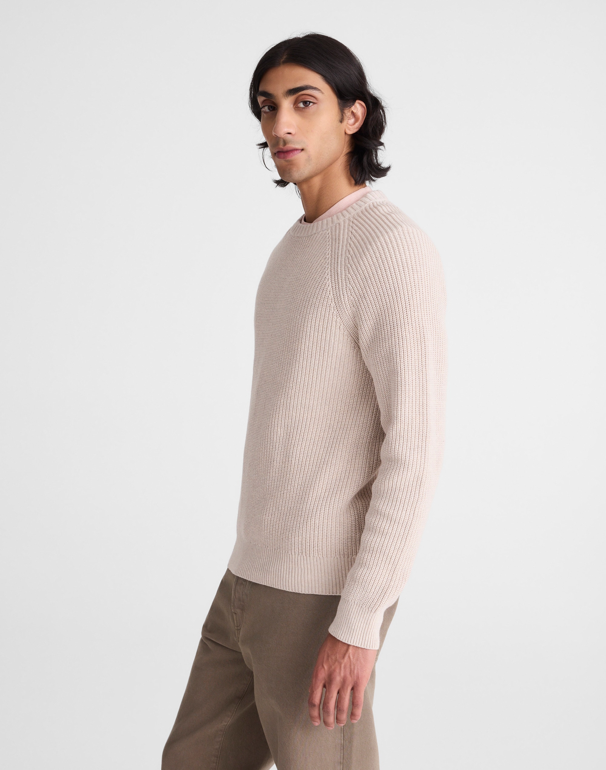 Cotton Shaker-Stitch Crewneck Sweater