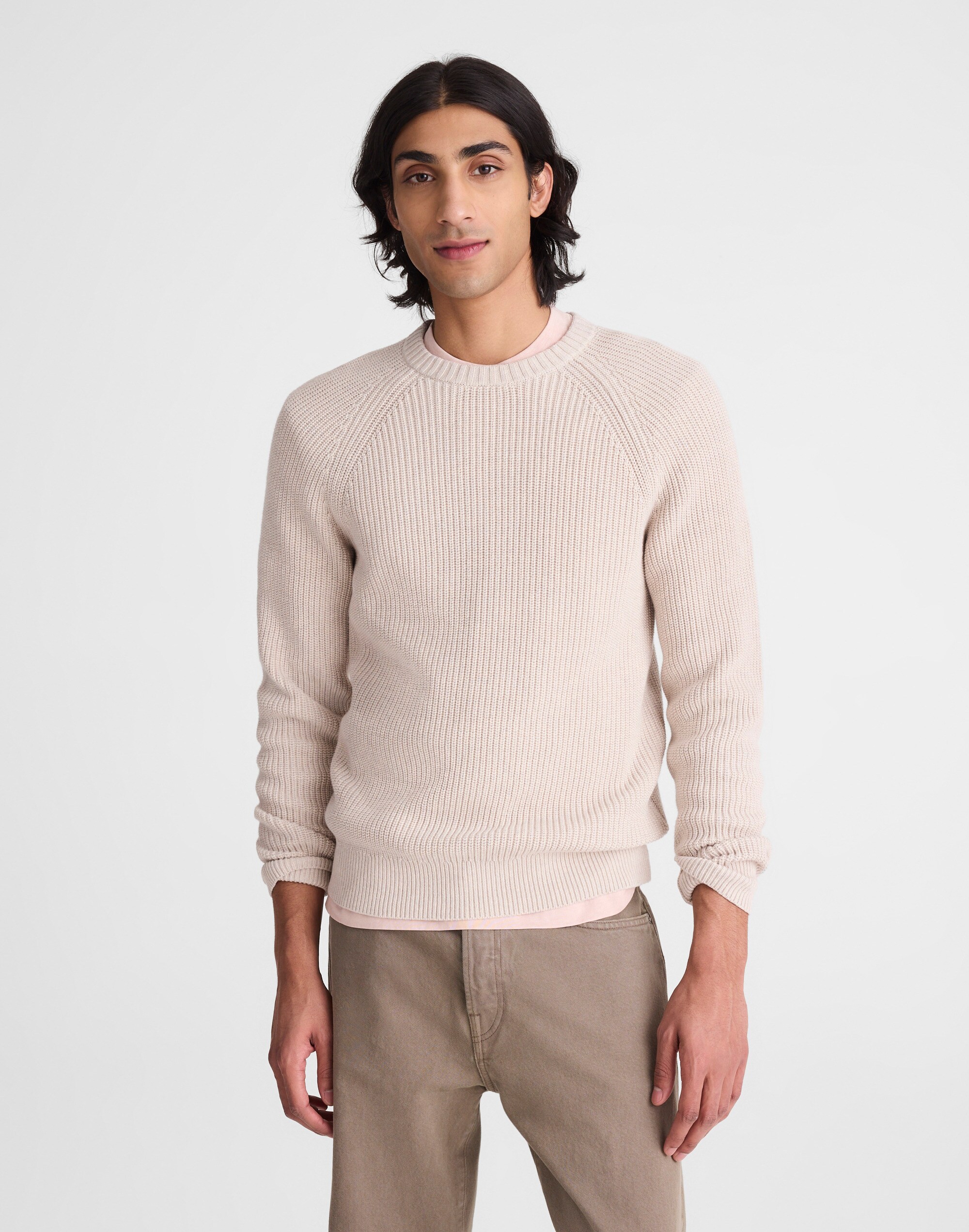 Cotton Shaker-Stitch Crewneck Sweater