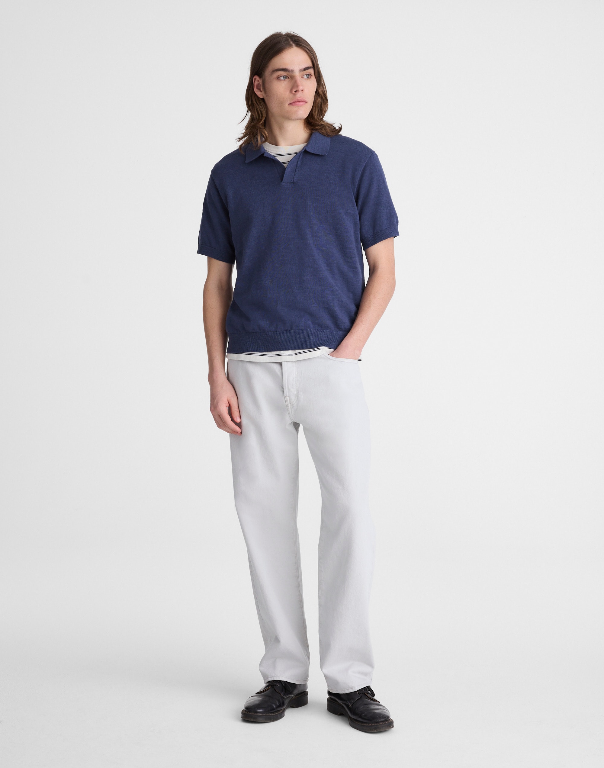 Johnny-Collar Sweater Polo in Slub Knit Cotton