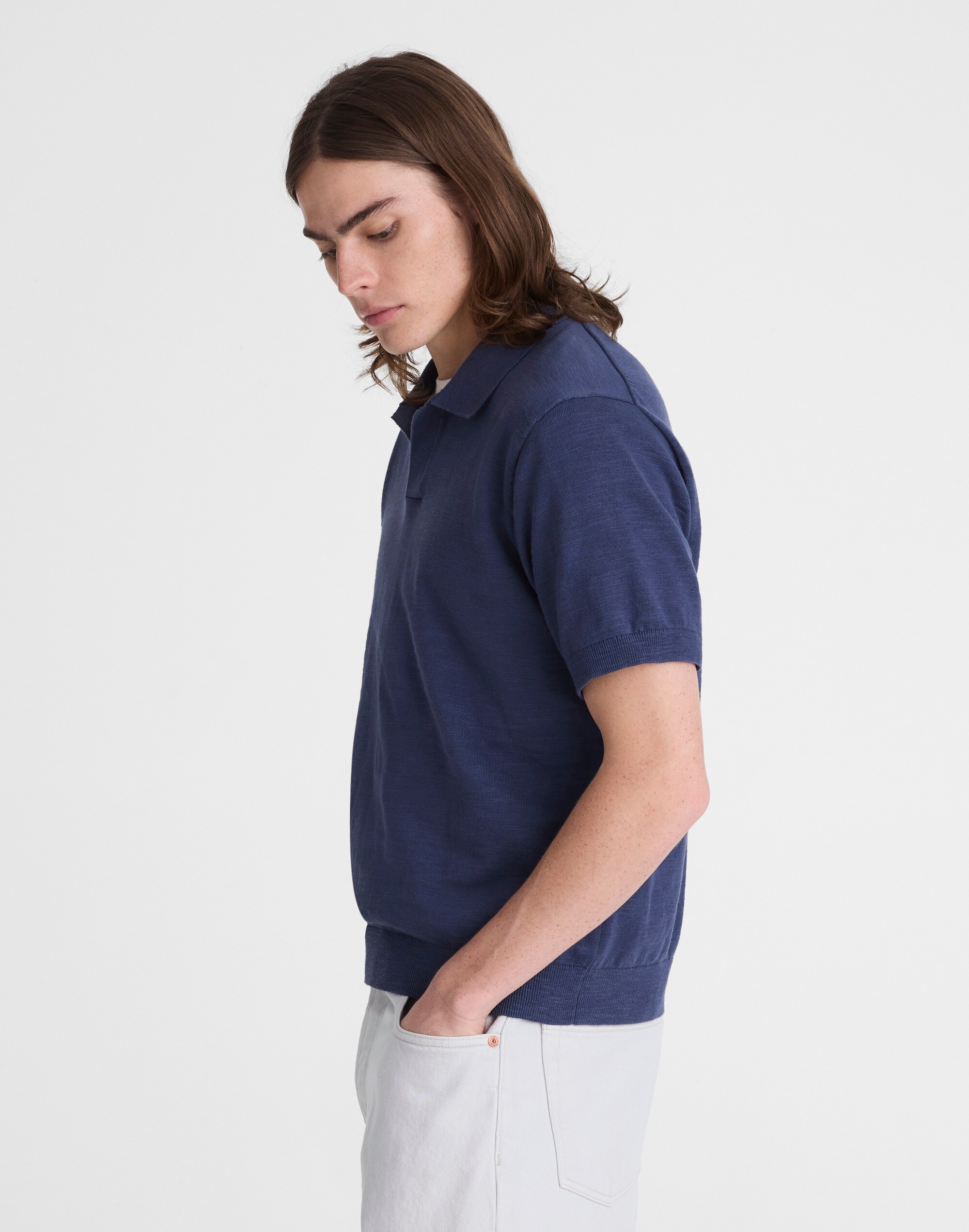 Johnny-Collar Sweater Polo in Slub Knit Cotton