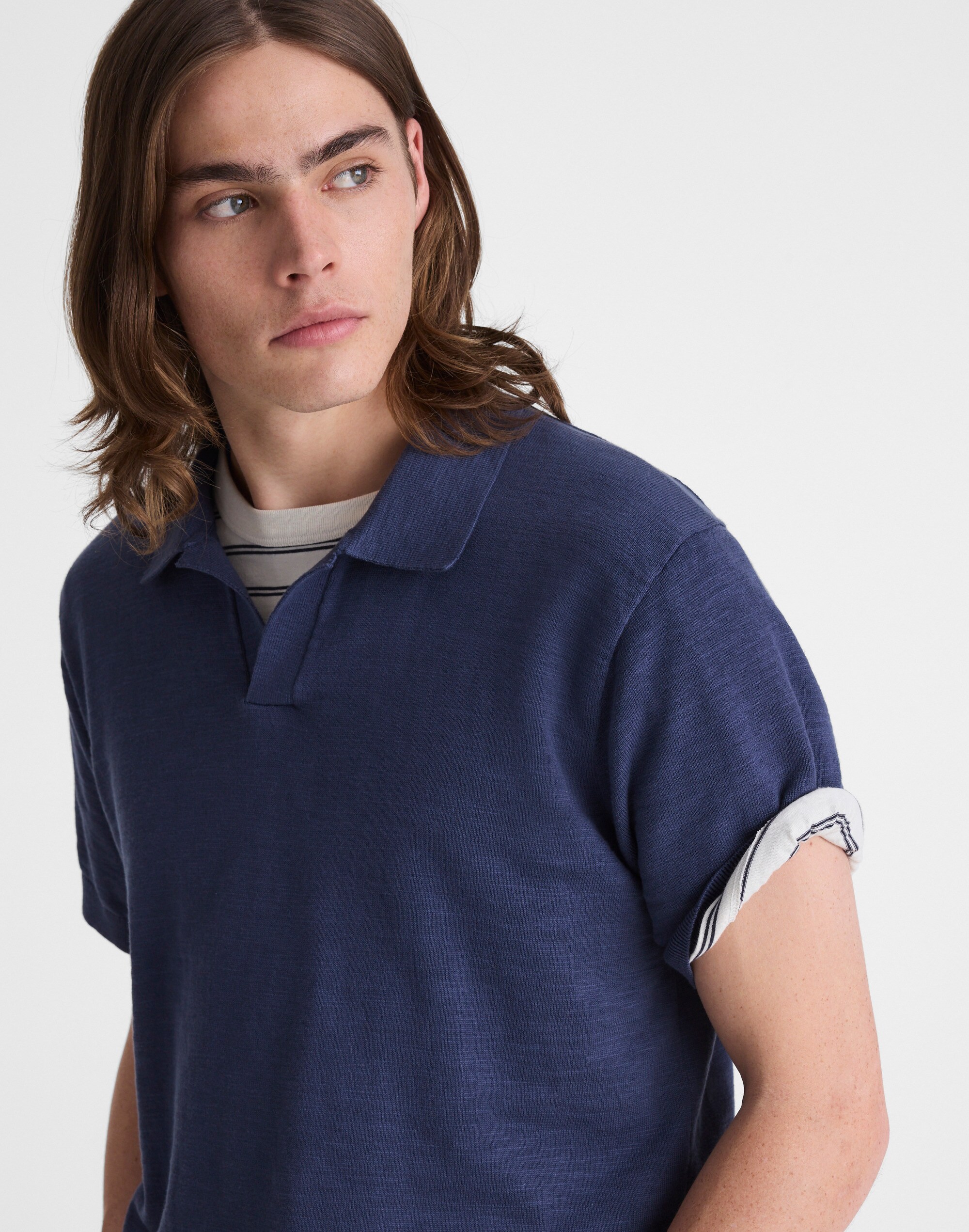 Johnny-Collar Sweater Polo in Slub Knit Cotton