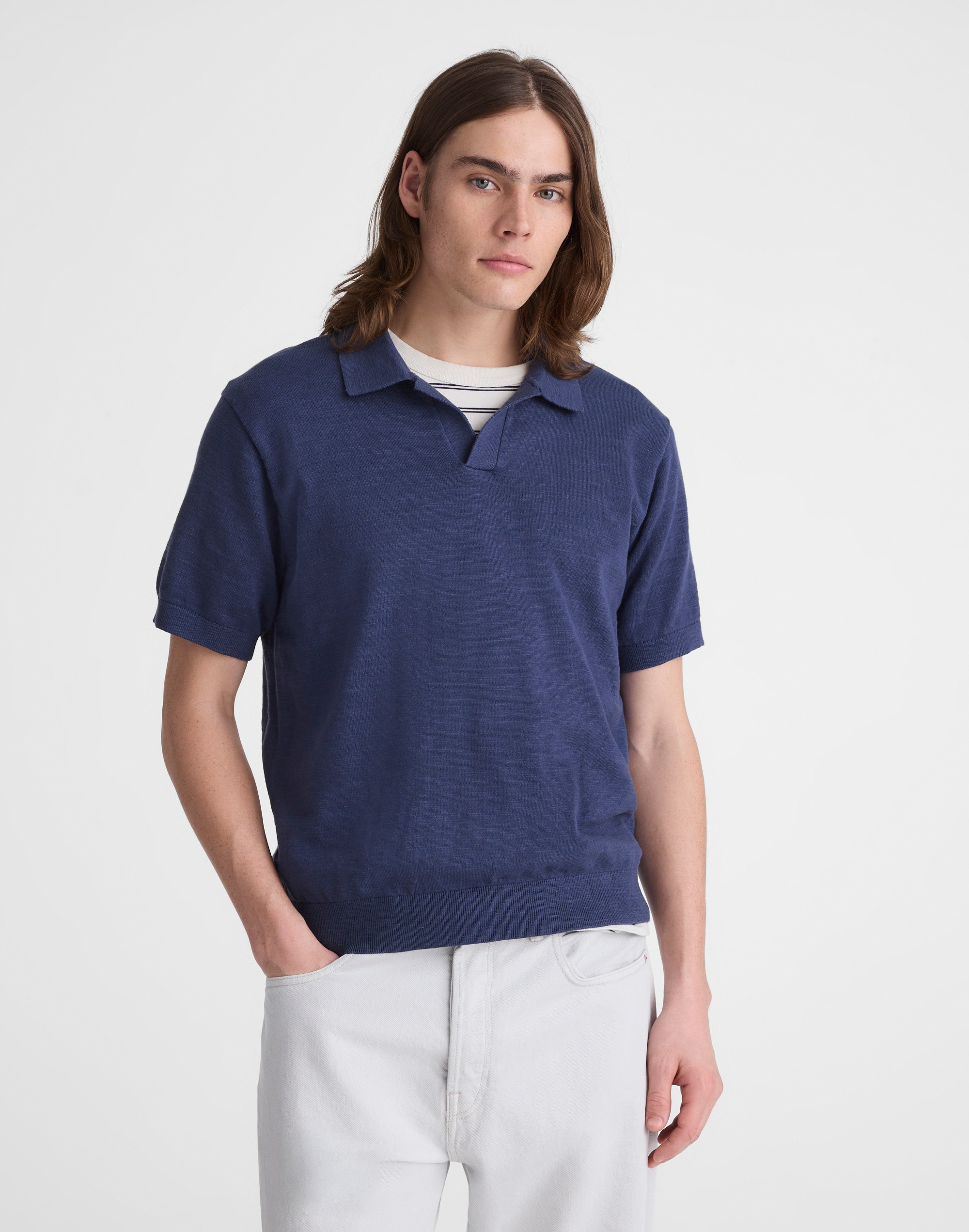 Johnny-Collar Sweater Polo in Slub Knit Cotton