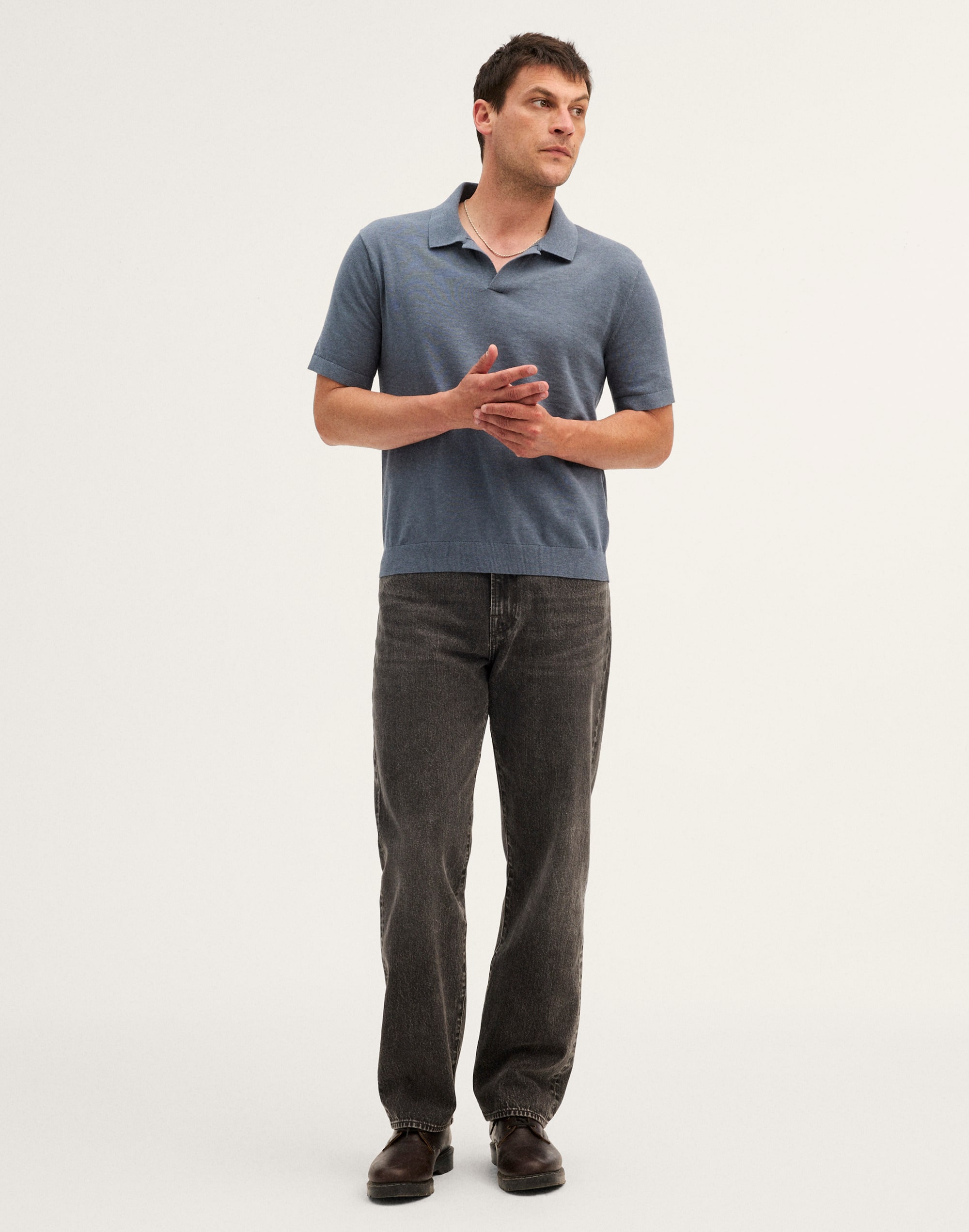Johnny-Collar Sweater Polo in Slub Knit Cotton