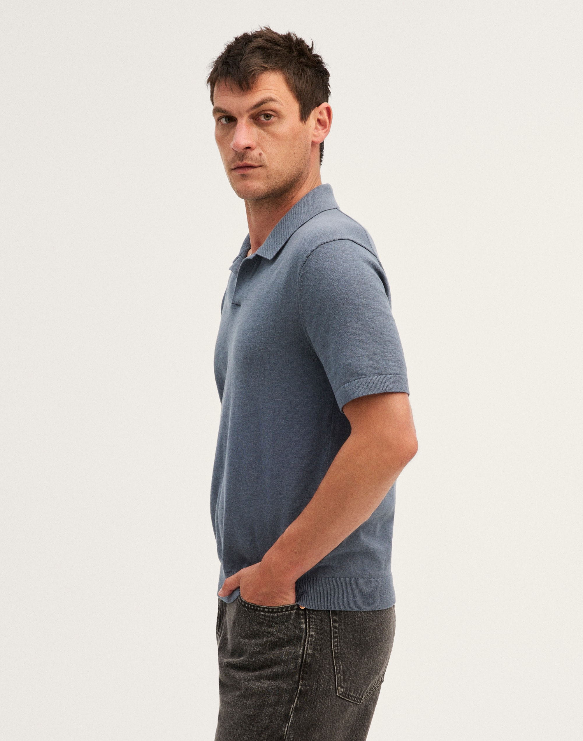 Johnny-Collar Sweater Polo in Slub Knit Cotton