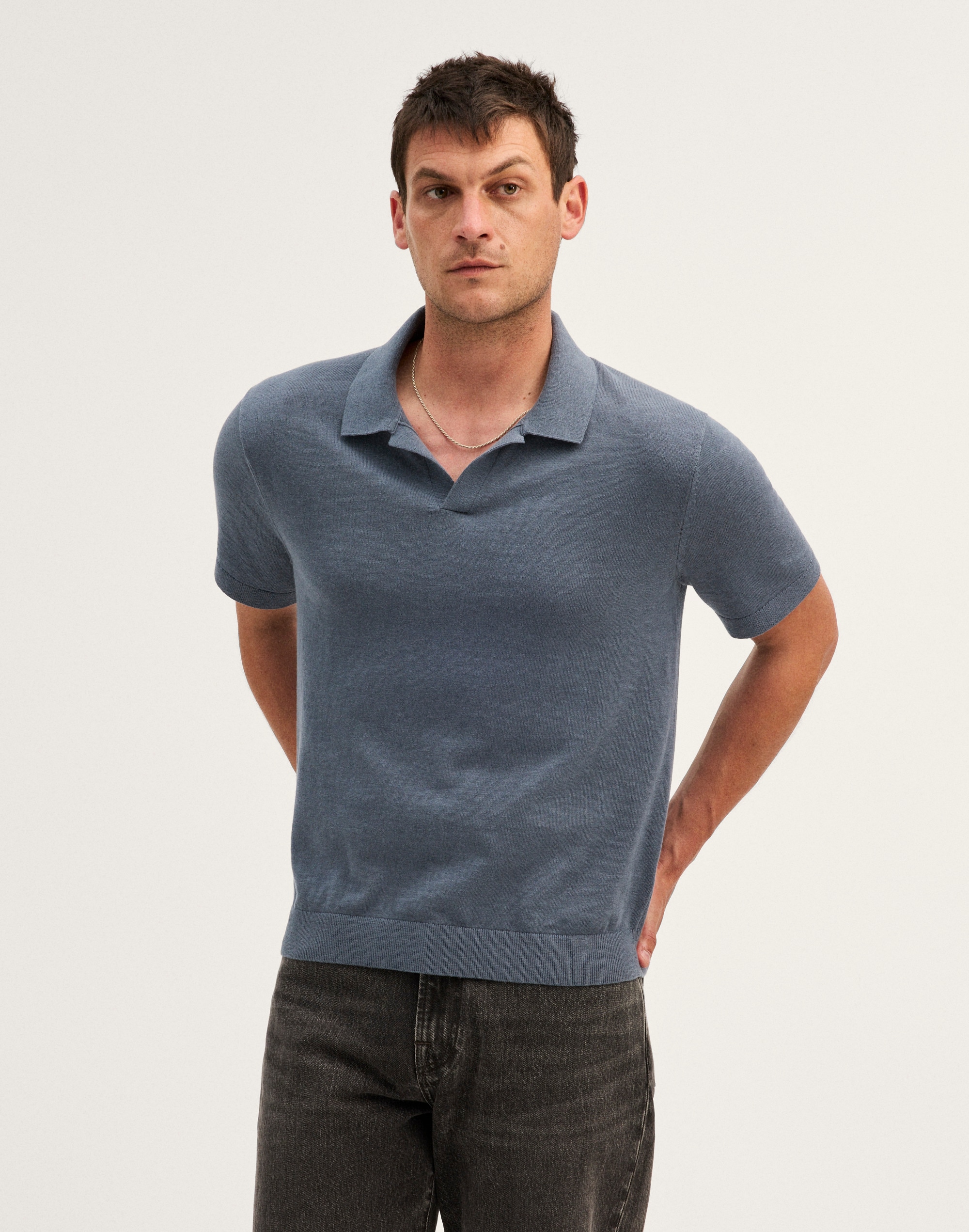 Johnny-Collar Sweater Polo in Slub Knit Cotton