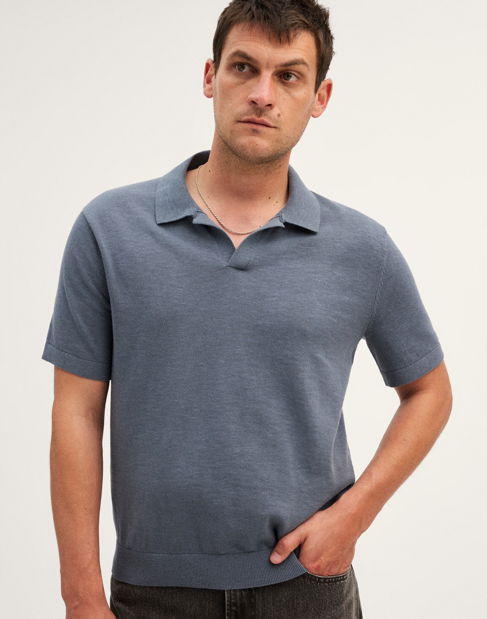 Johnny-Collar Sweater Polo in Slub Knit Cotton