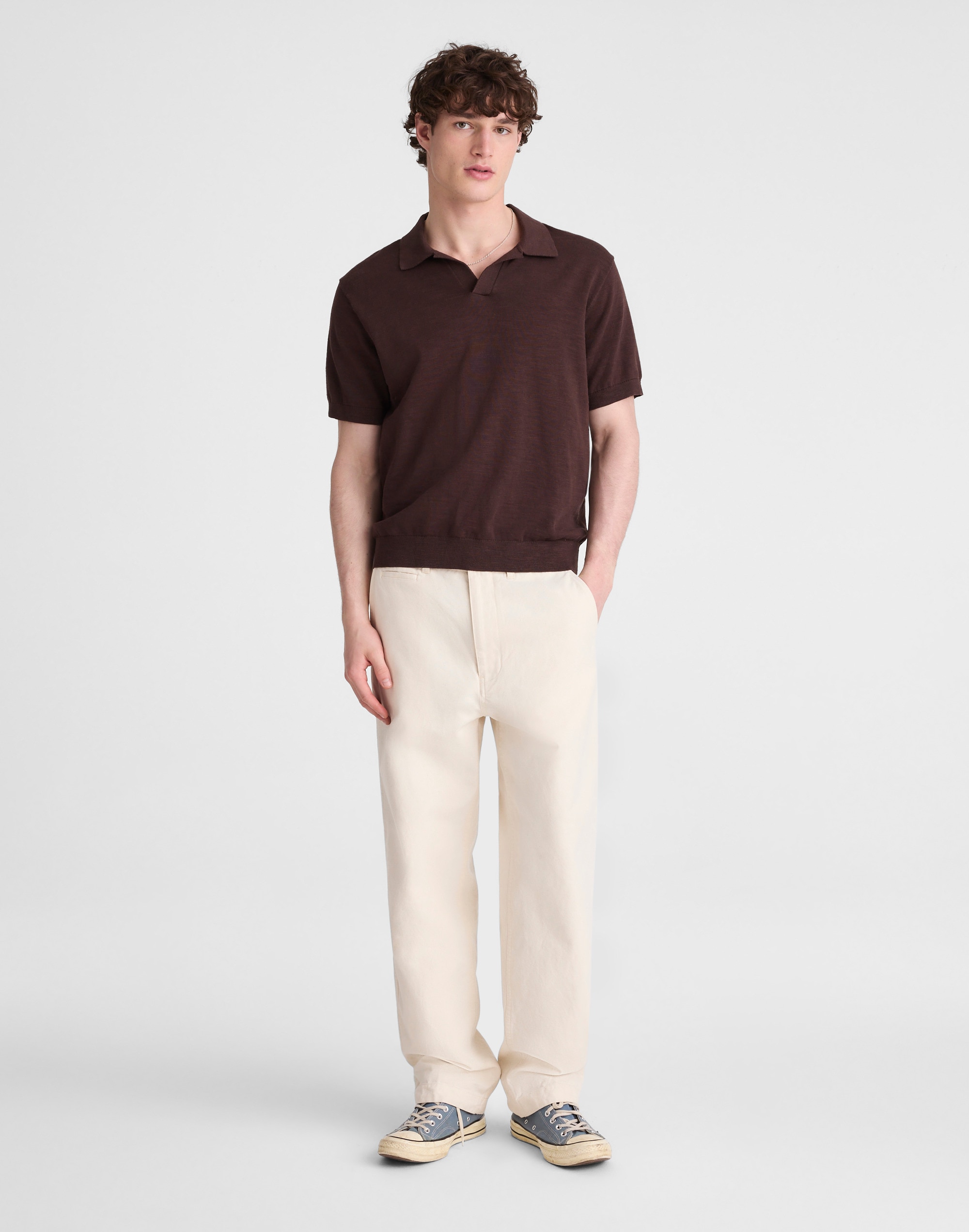 Johnny-Collar Sweater Polo in Slub Knit Cotton