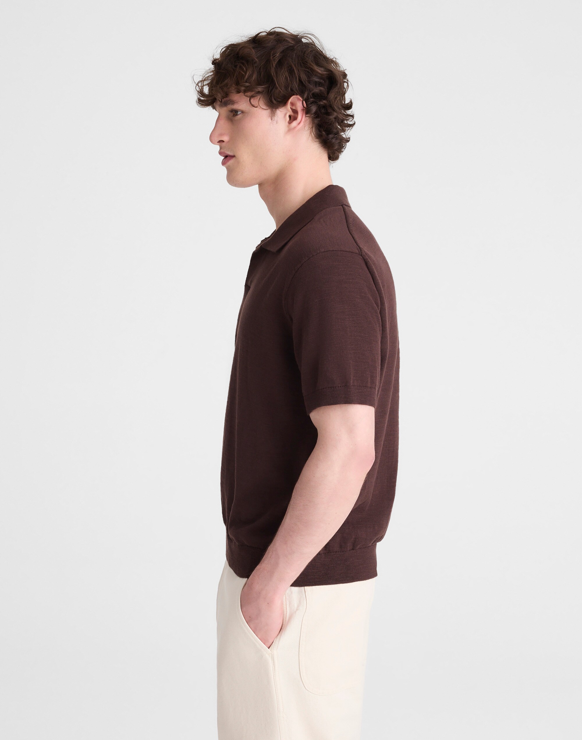 Johnny-Collar Sweater Polo in Slub Knit Cotton