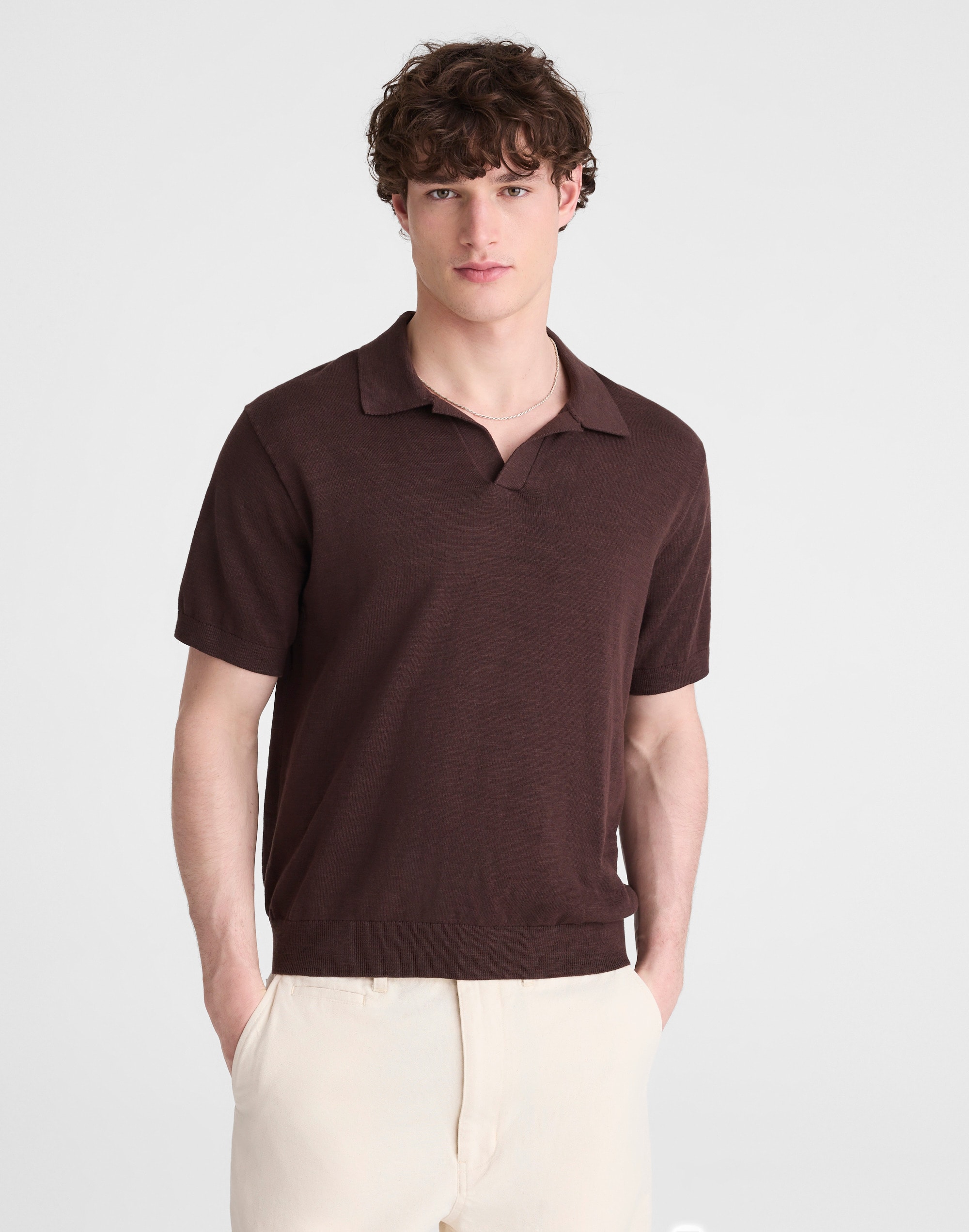 Johnny-Collar Sweater Polo in Slub Knit Cotton