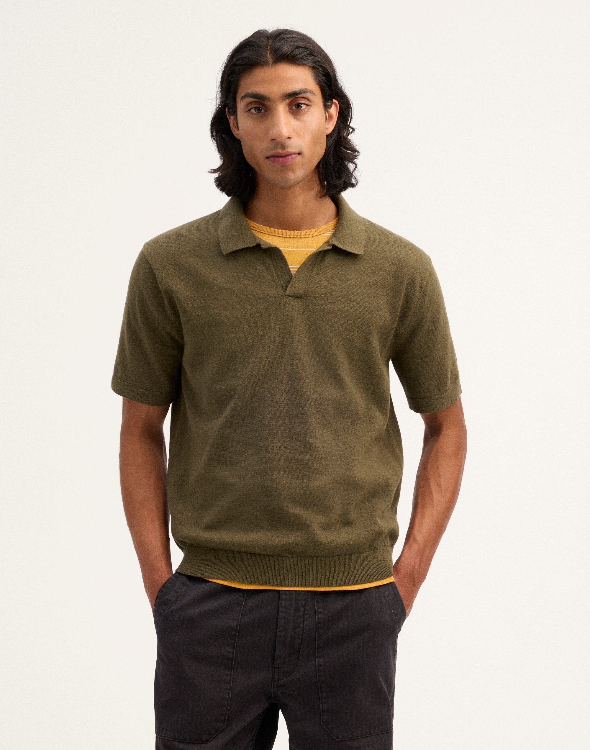 Johnny-Collar Sweater Polo in Slub Knit Cotton