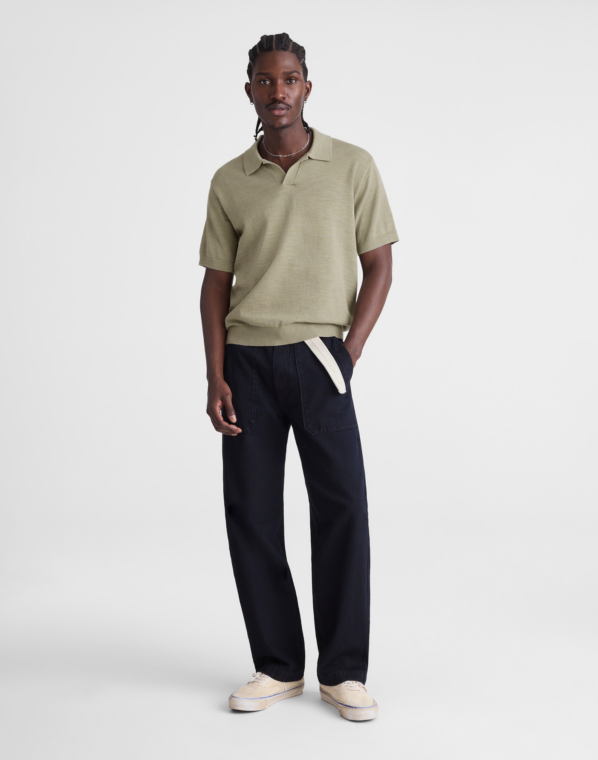 Johnny-Collar Sweater Polo in Slub Knit Cotton