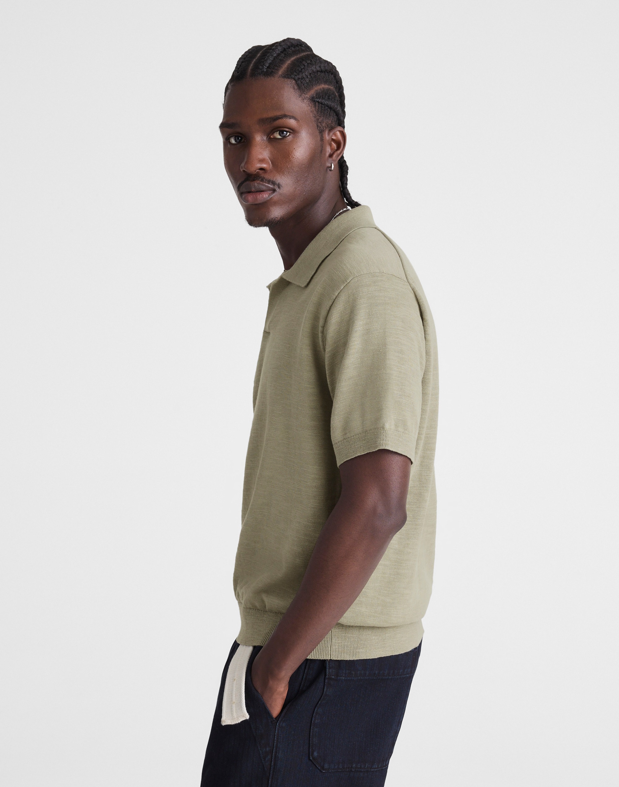 Johnny-Collar Sweater Polo in Slub Knit Cotton
