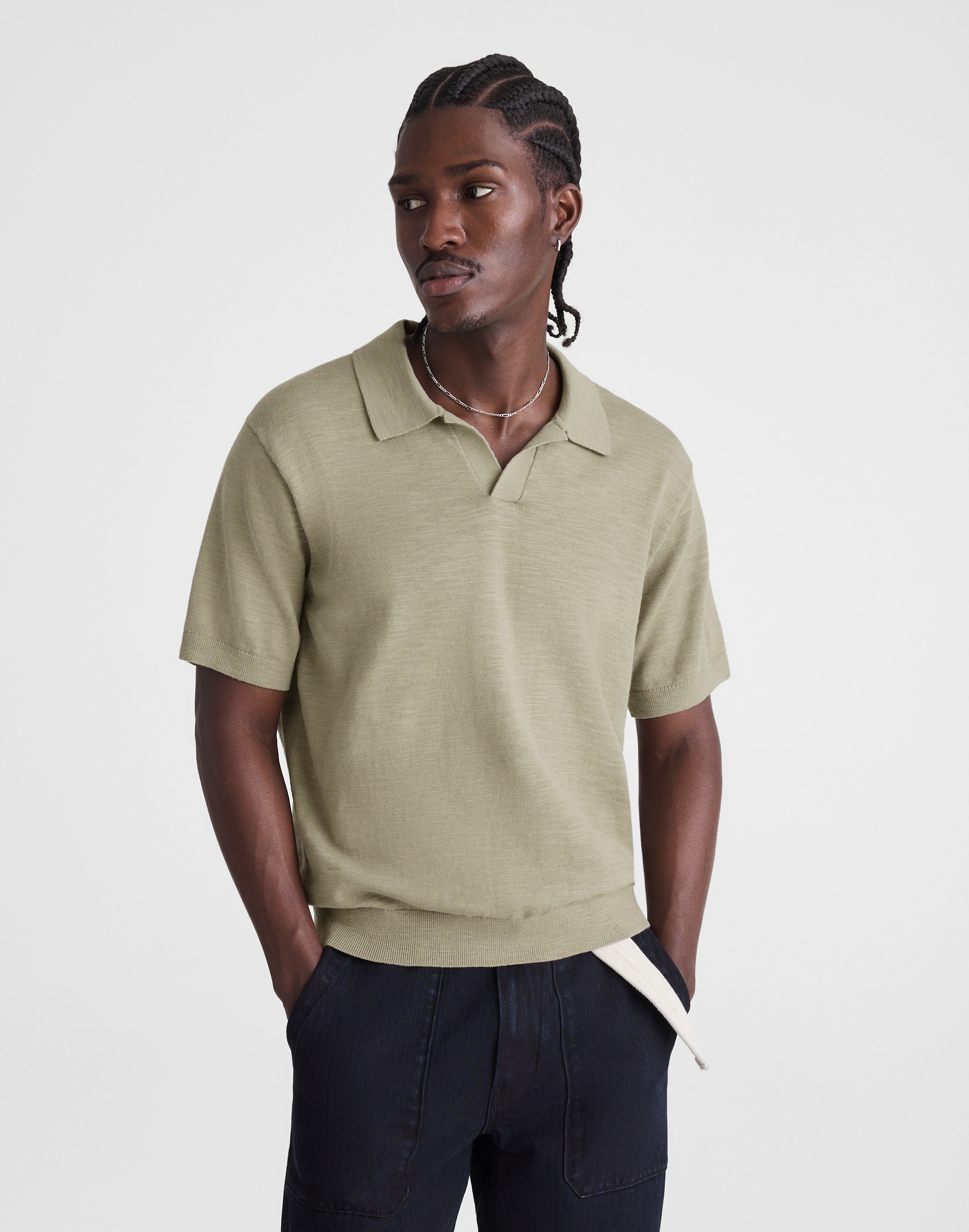 Johnny-Collar Sweater Polo in Slub Knit Cotton