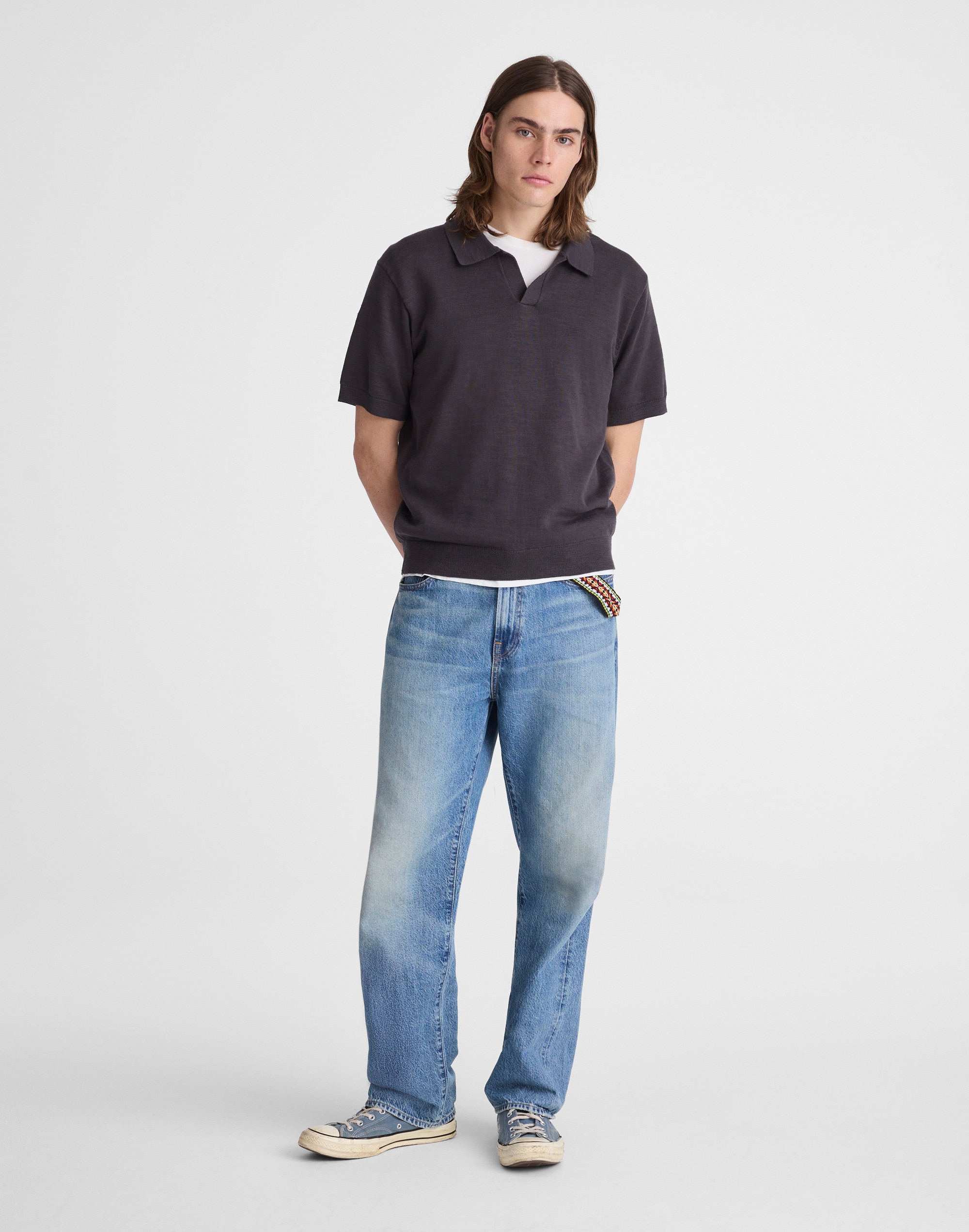 Johnny-Collar Sweater Polo in Slub Knit Cotton