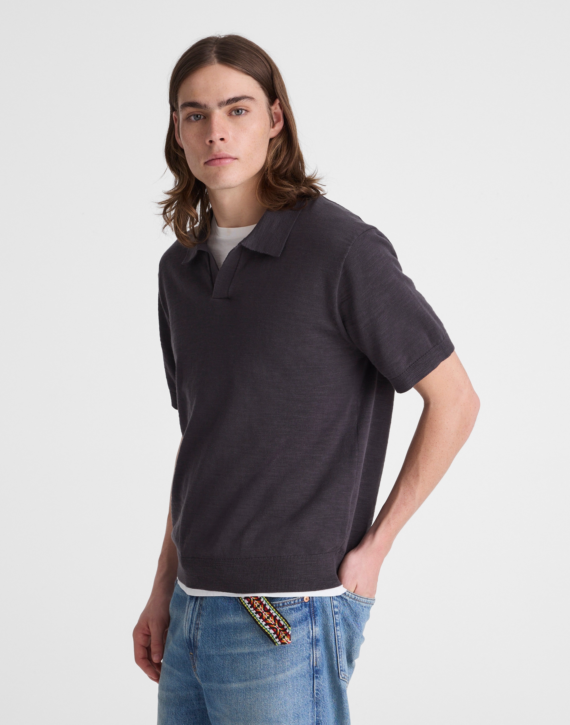 Johnny-Collar Sweater Polo in Slub Knit Cotton