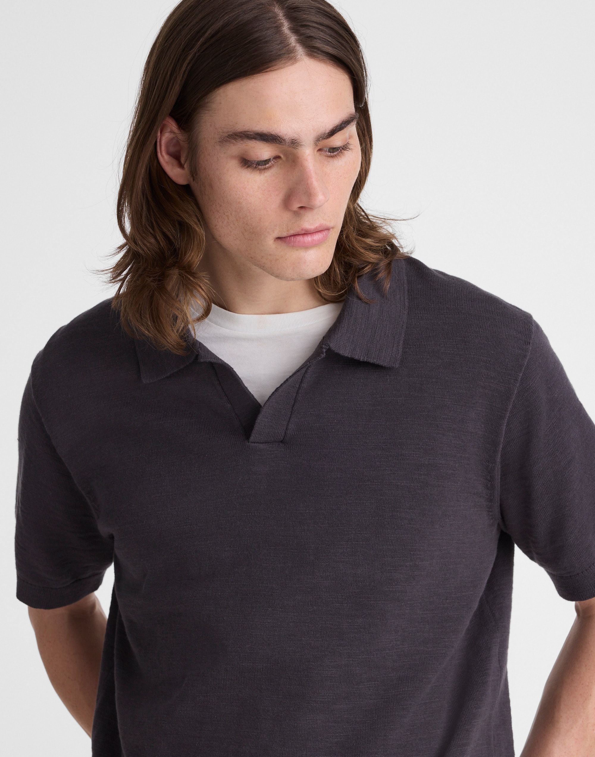 Johnny-Collar Sweater Polo in Slub Knit Cotton