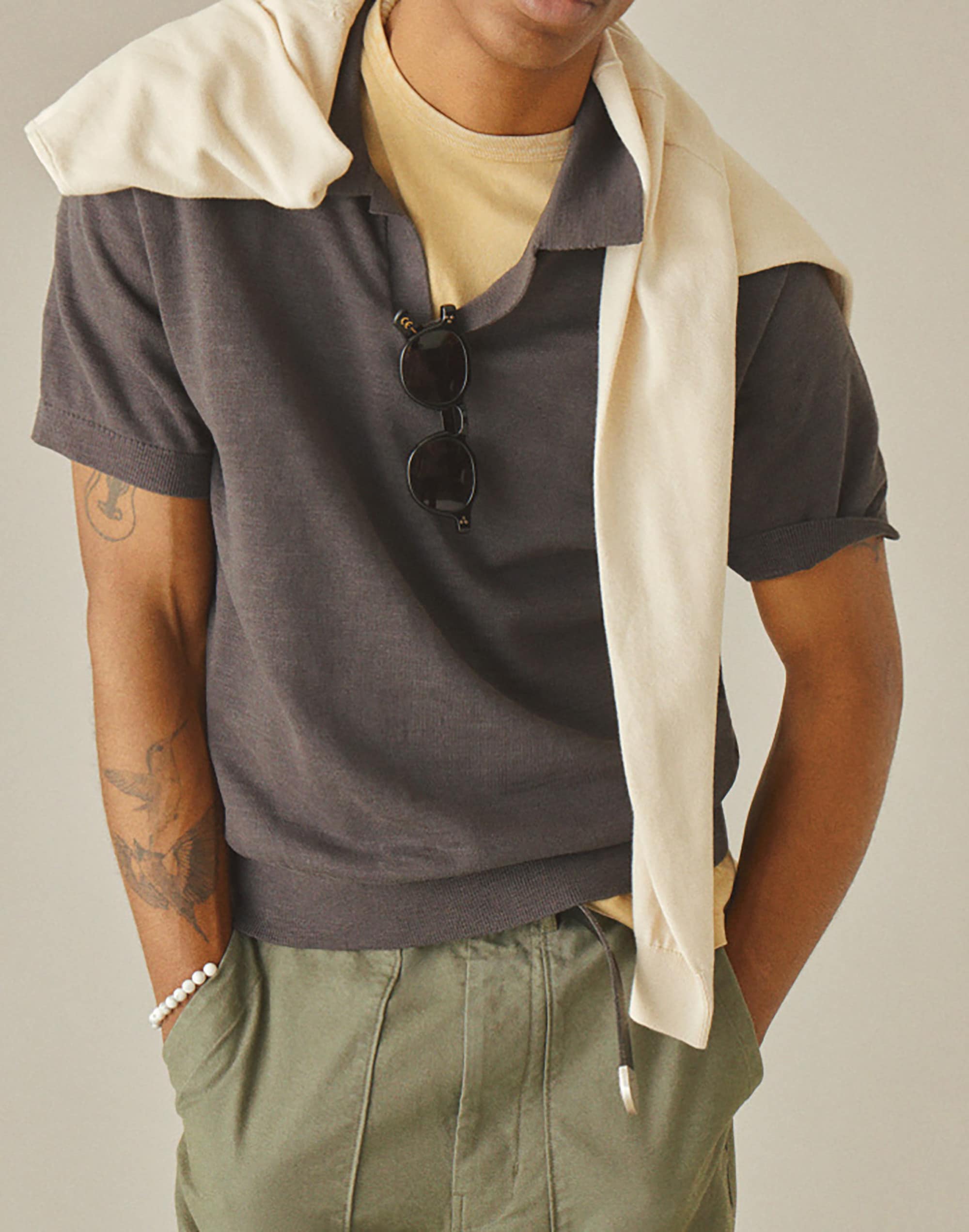 Johnny-Collar Sweater Polo in Slub Knit Cotton