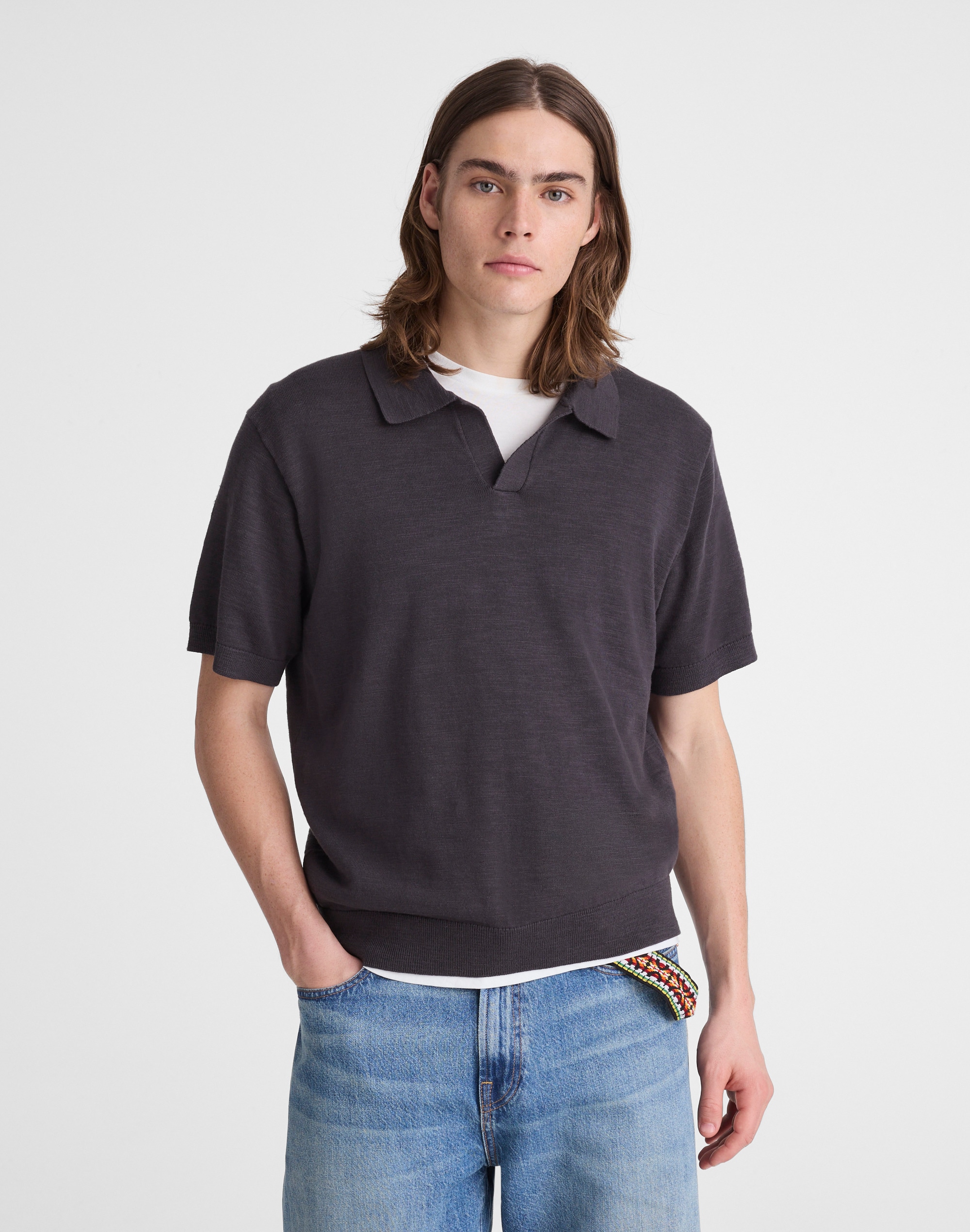 Johnny-Collar Sweater Polo in Slub Knit Cotton