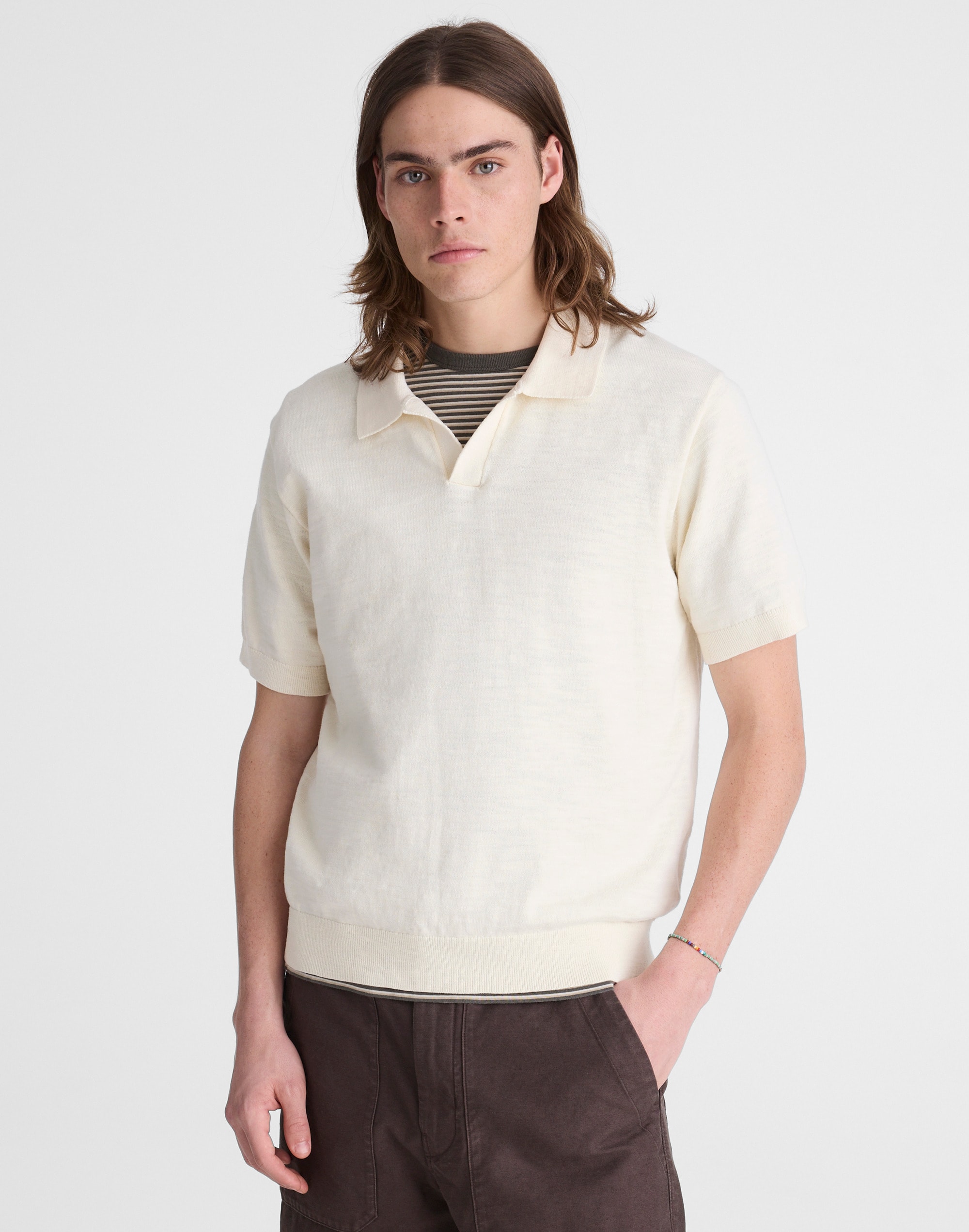 Johnny-Collar Sweater Polo in Slub Knit Cotton