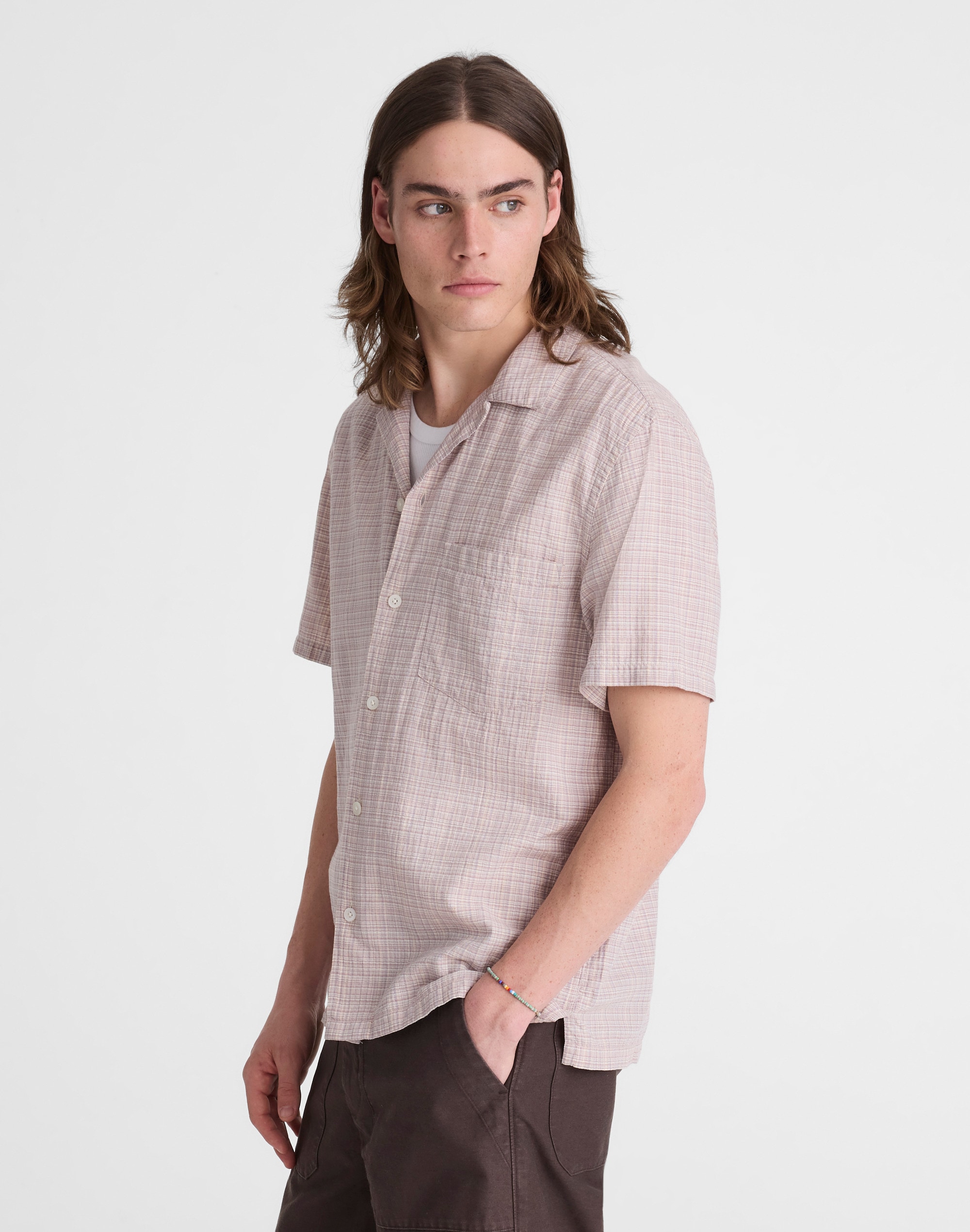 Short-Sleeve Camp Shirt in Crinkled Cotton Blend