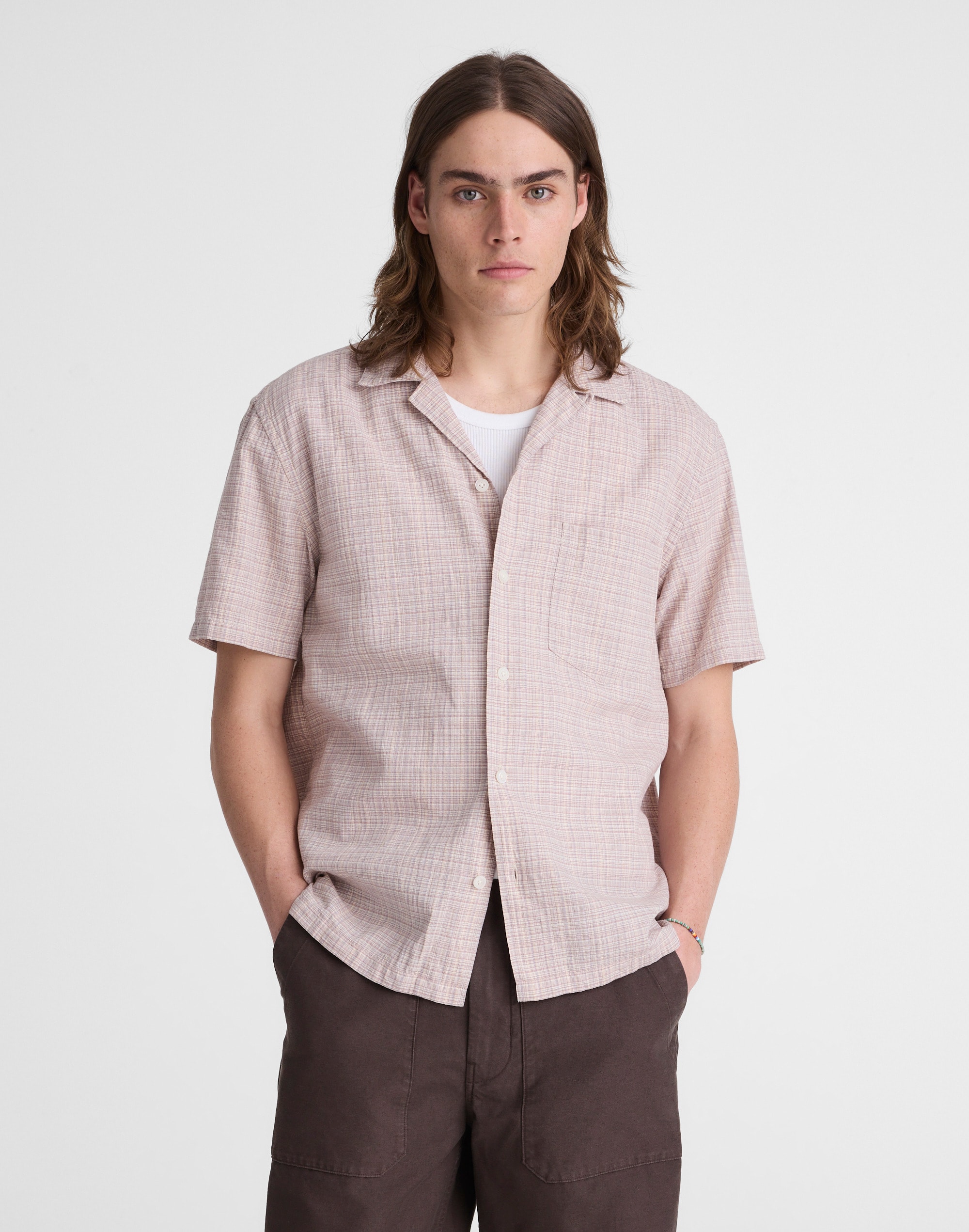 Short-Sleeve Camp Shirt in Crinkled Cotton Blend