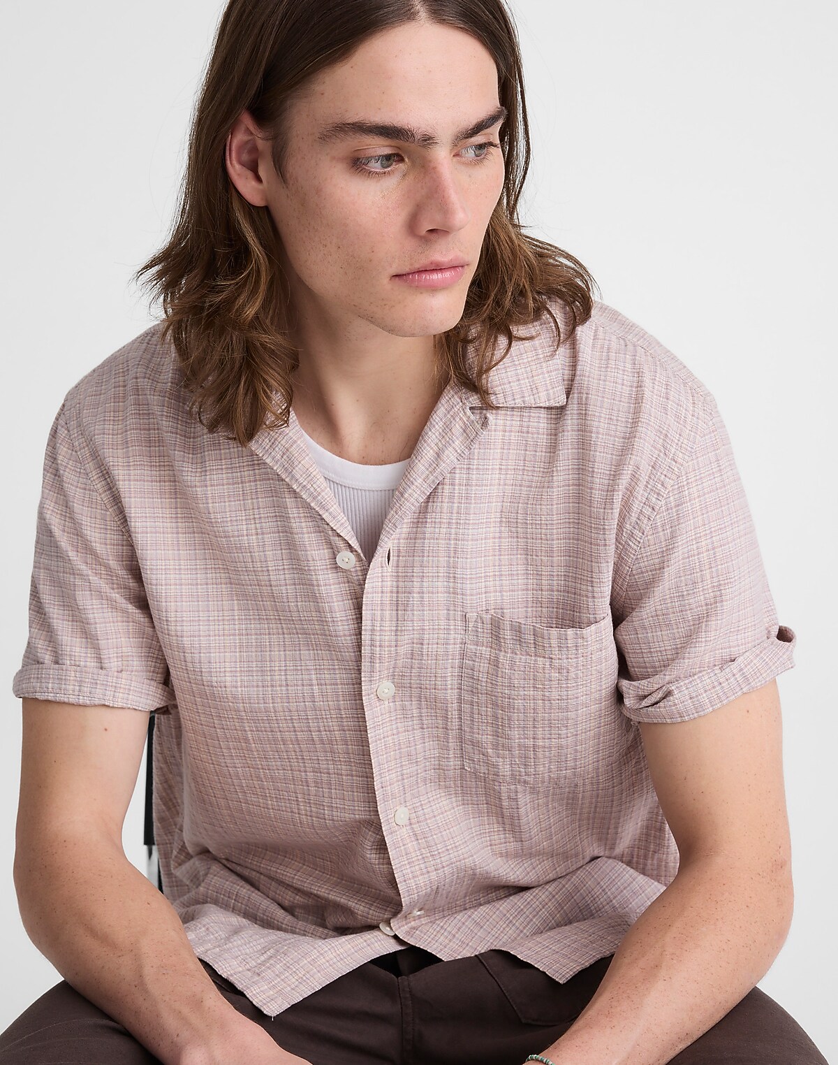 Short-Sleeve Camp Shirt in Crinkled Cotton Blend