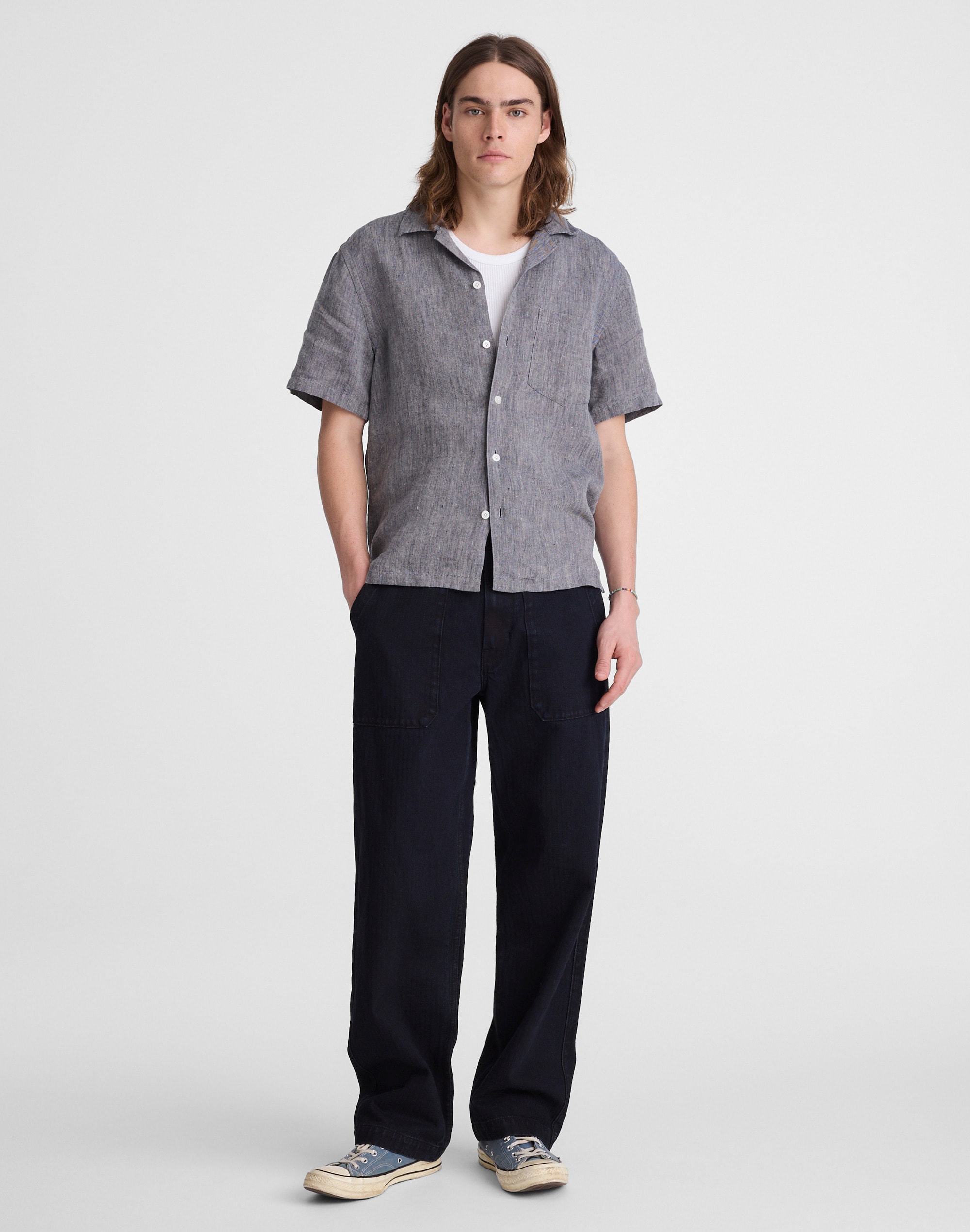 Madewell Short Sleeve Linen Top Dark Chambray In Gray