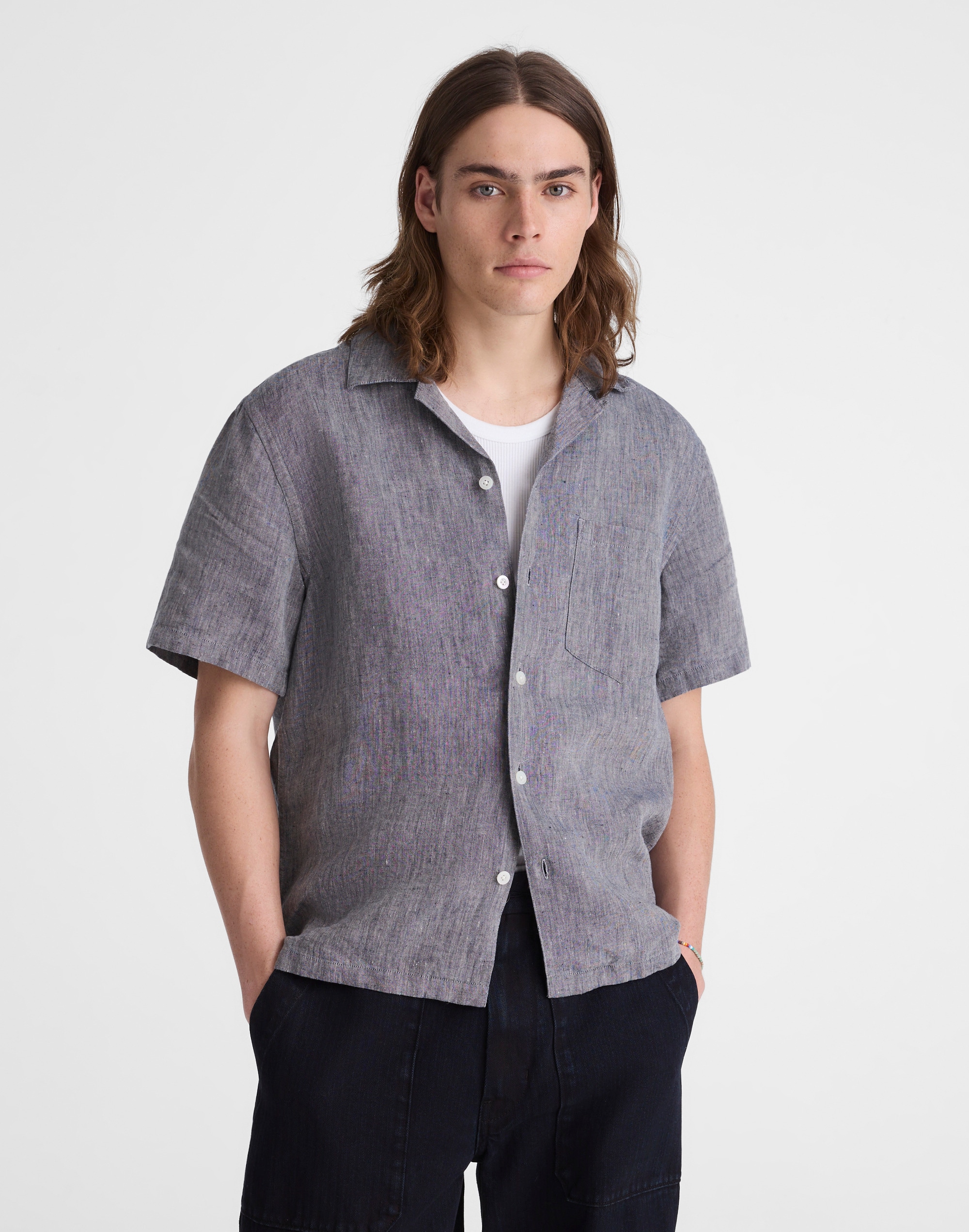 Madewell Short Sleeve Linen Top Dark Chambray In Gray