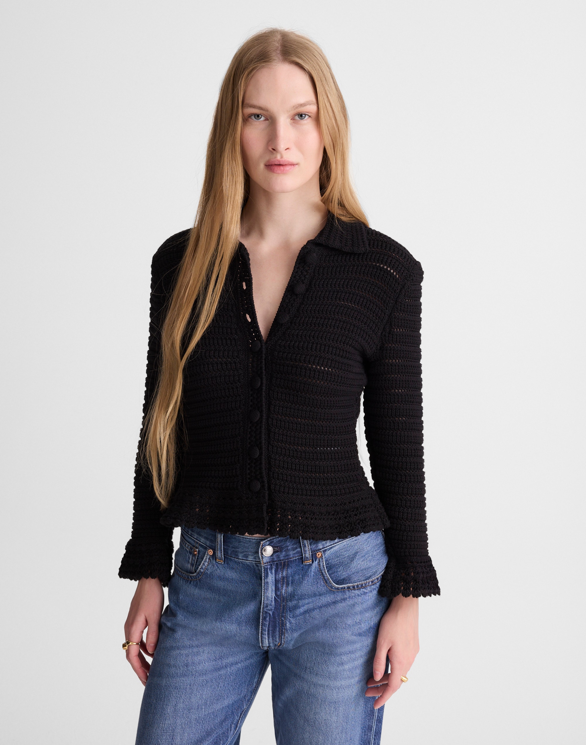 Pointelle-Knit Peplum Cardigan