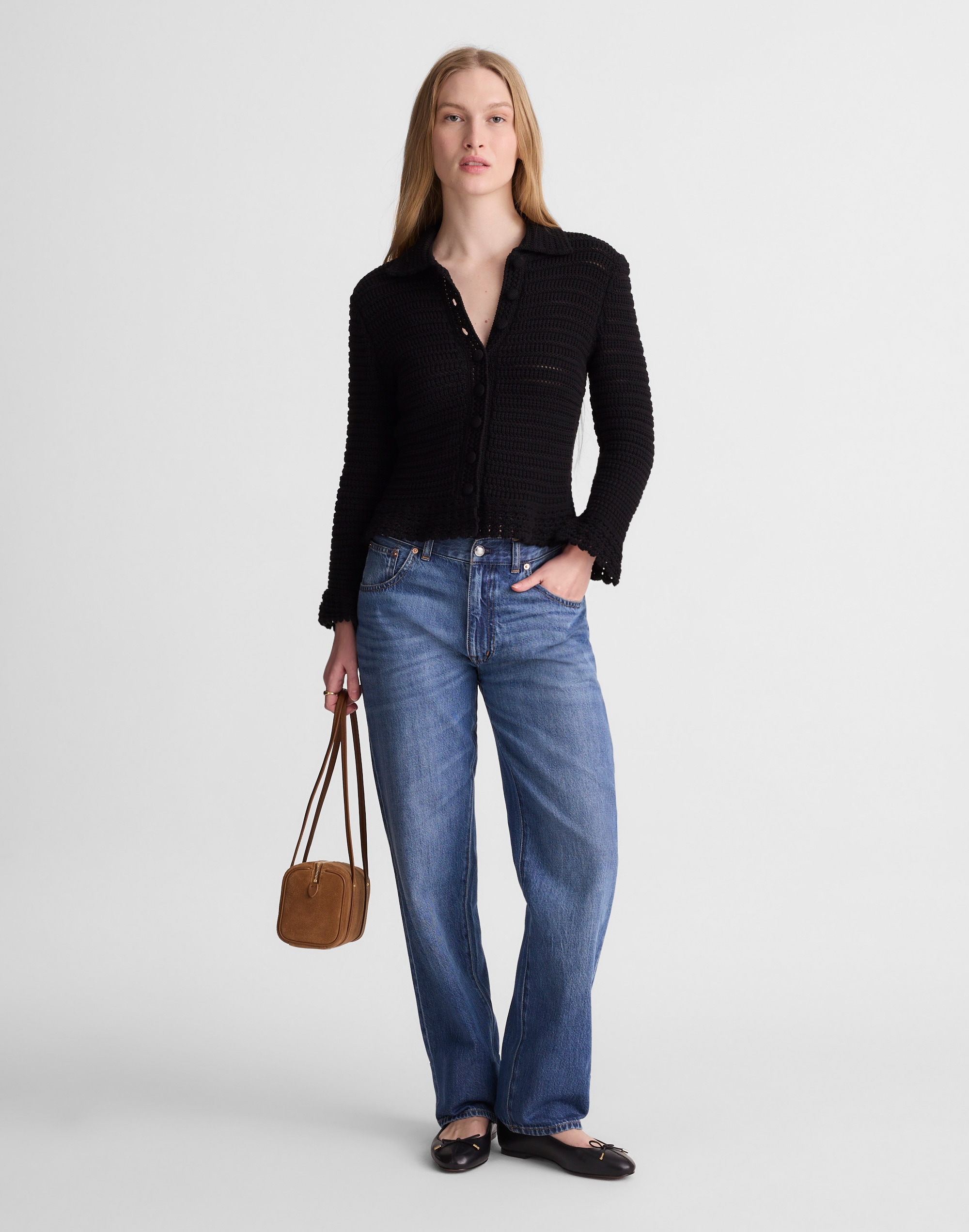 Pointelle-Knit Peplum Cardigan