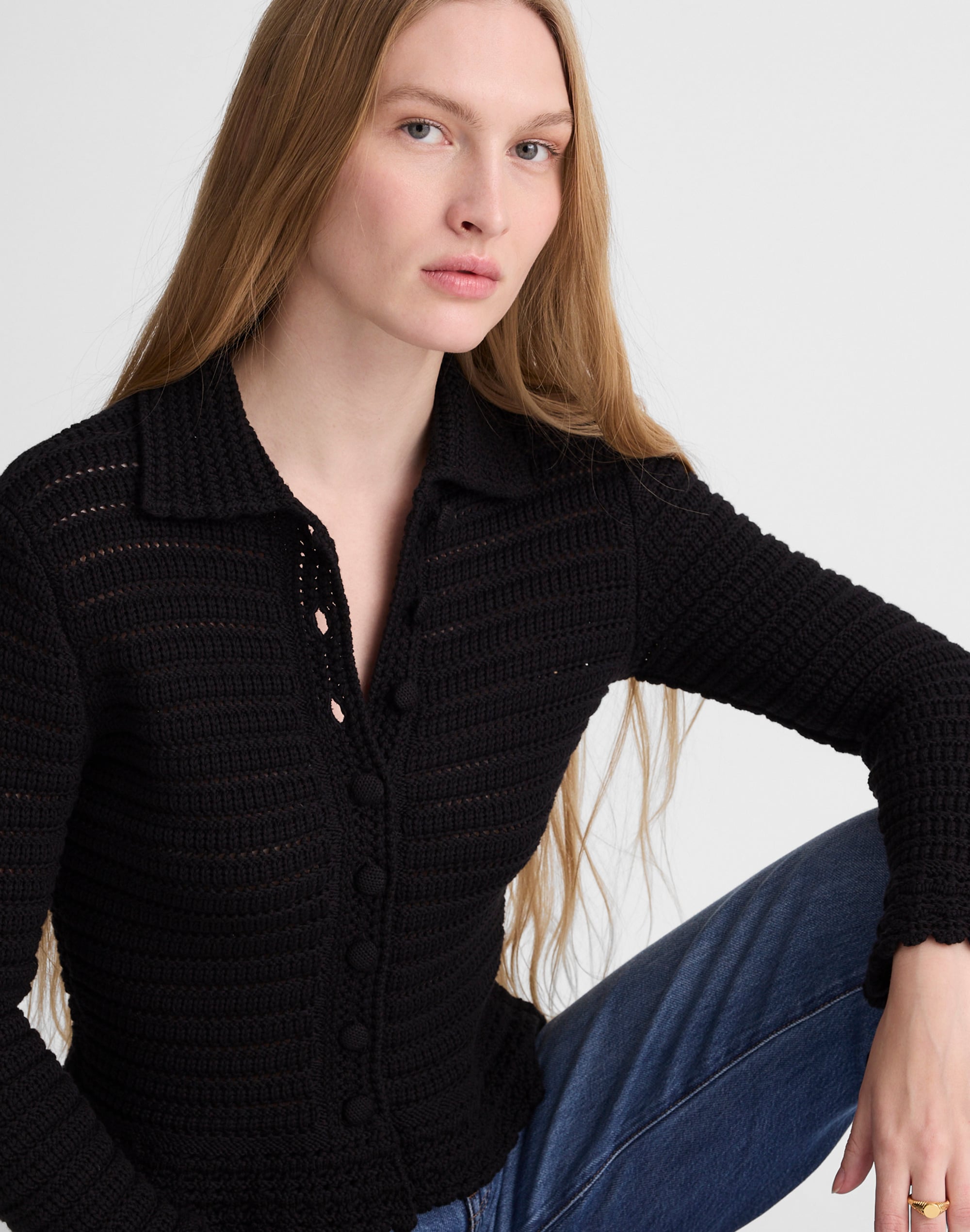 Pointelle-Knit Peplum Cardigan