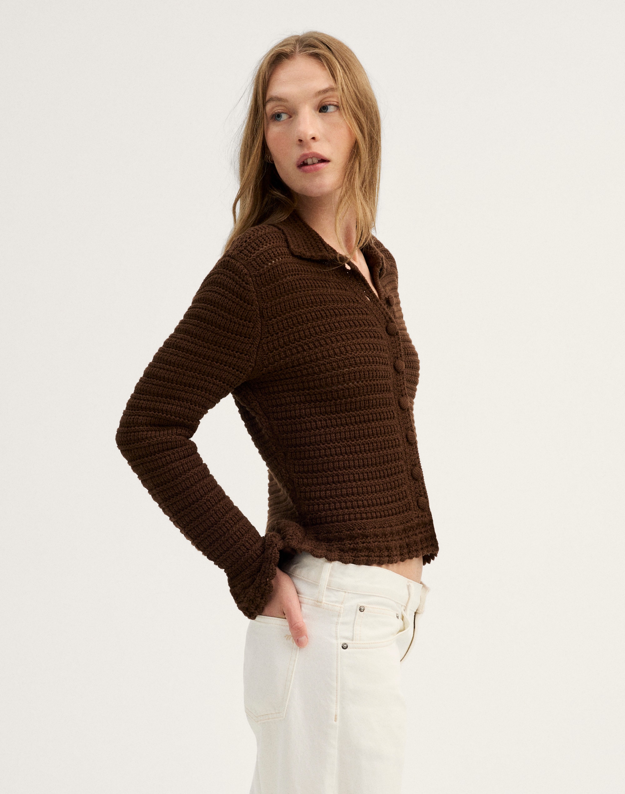 Pointelle-Knit Peplum Cardigan
