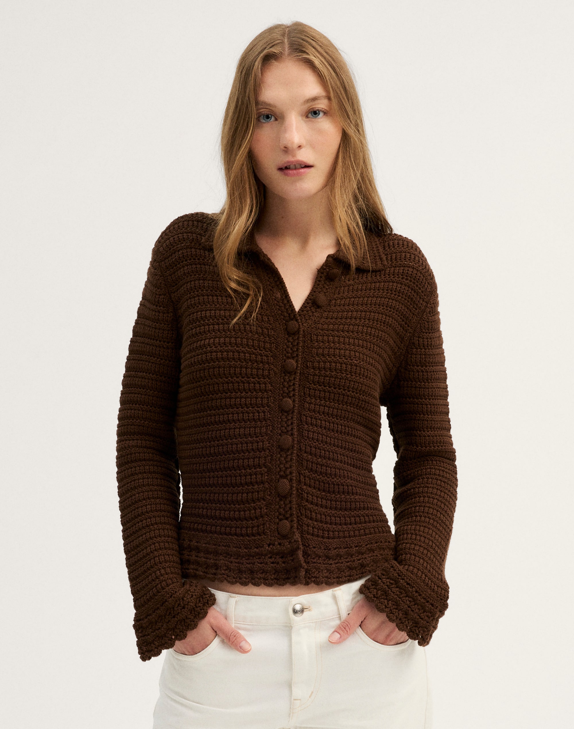 Pointelle-Knit Peplum Cardigan