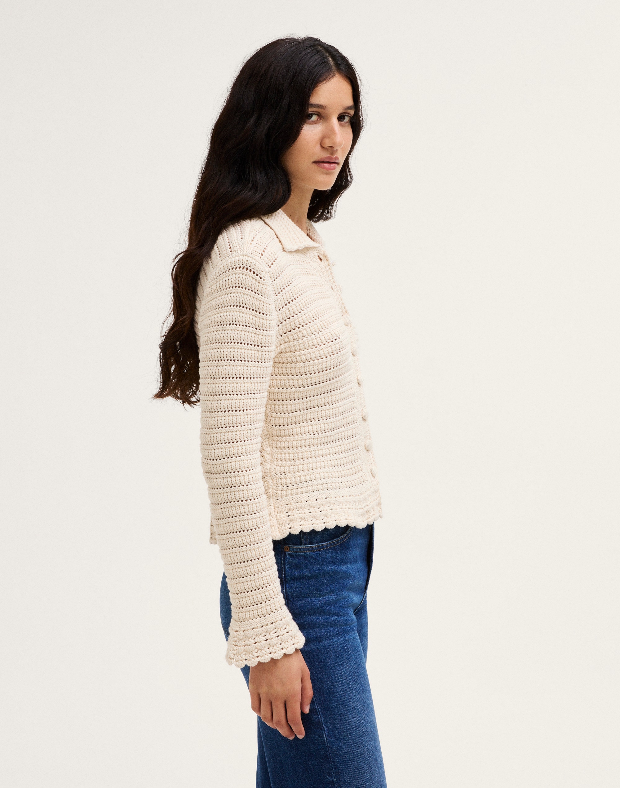 Pointelle-Knit Peplum Cardigan