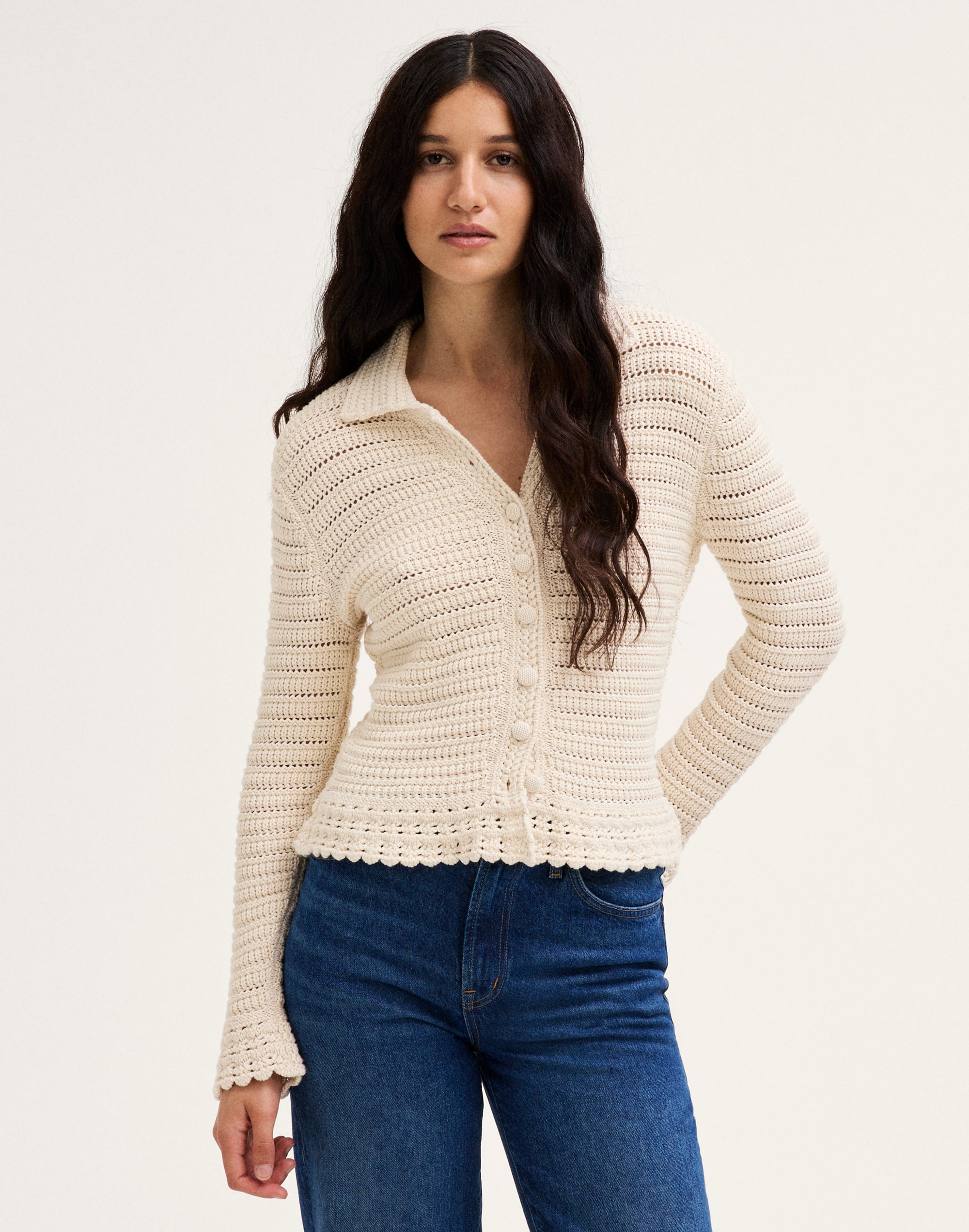 Madewell Pointelle-knit Peplum Cardigan In Canvas