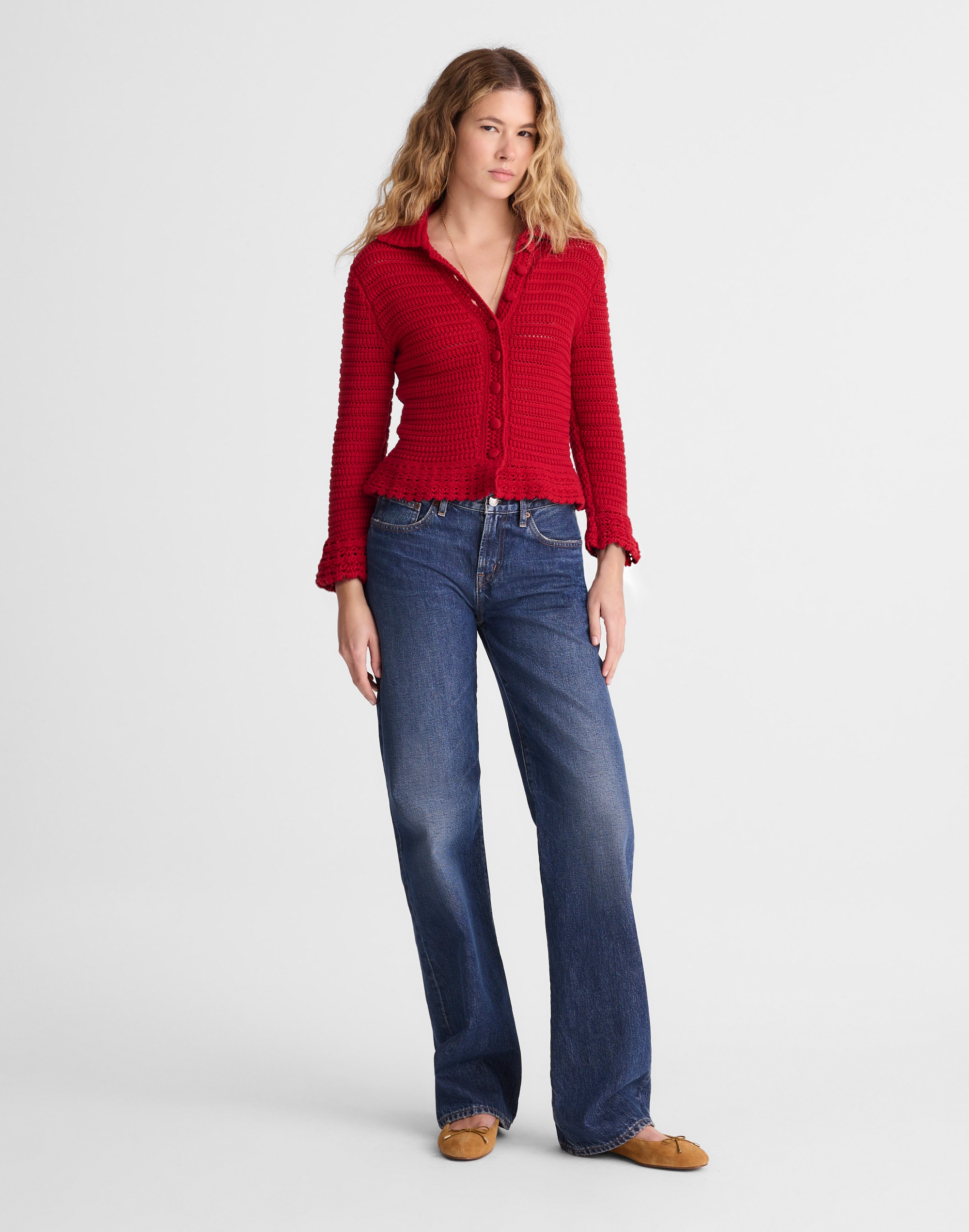 Pointelle-Knit Peplum Cardigan