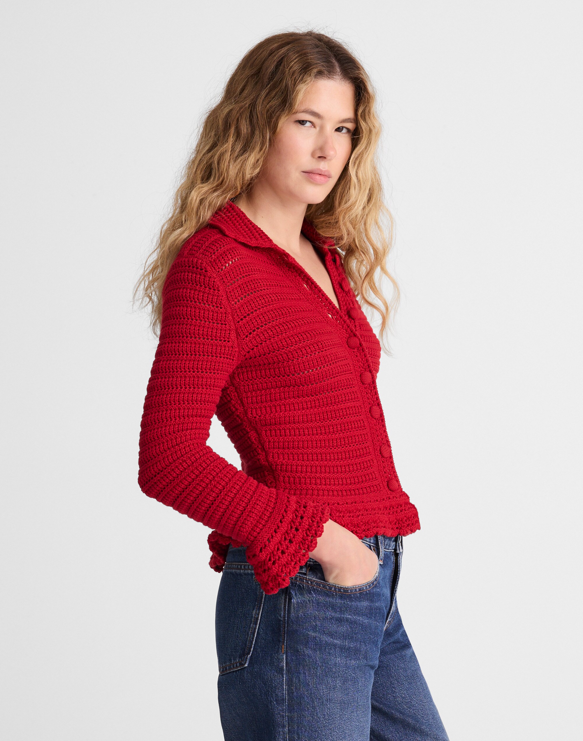Pointelle-Knit Peplum Cardigan