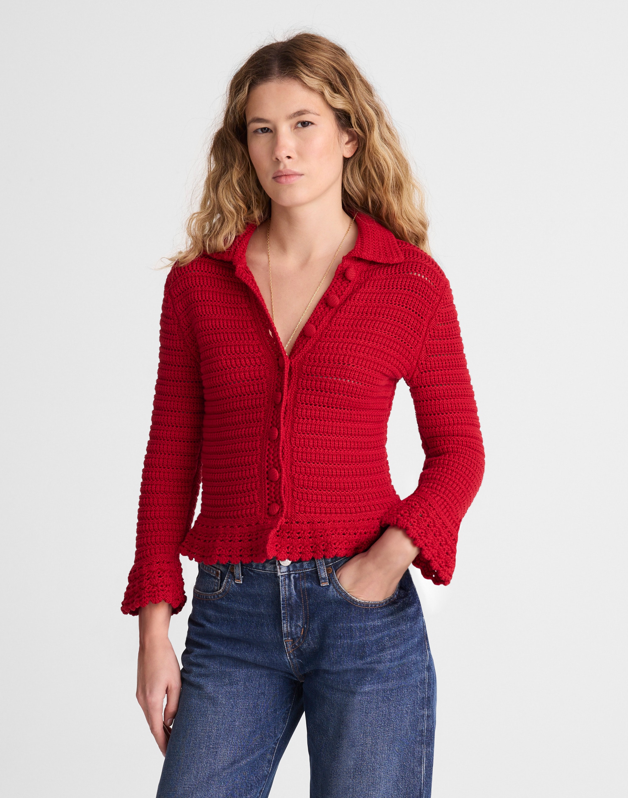 Pointelle-Knit Peplum Cardigan