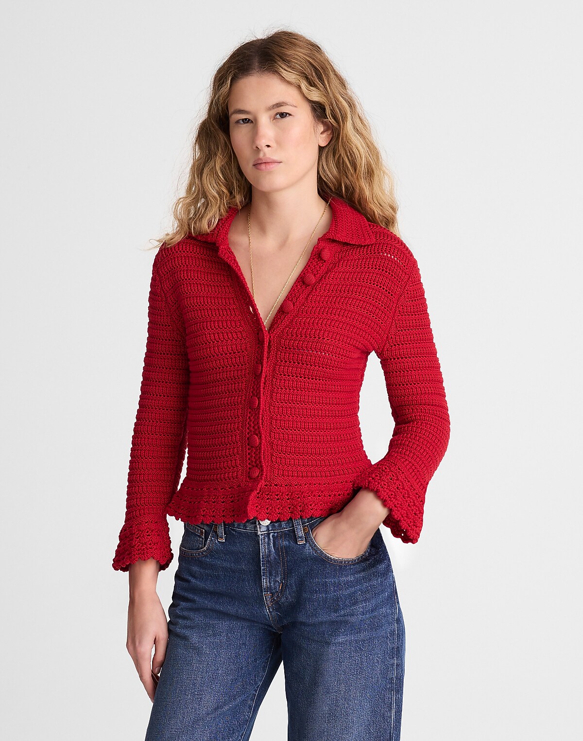 Pointelle-Knit Peplum Cardigan in 100% Cotton