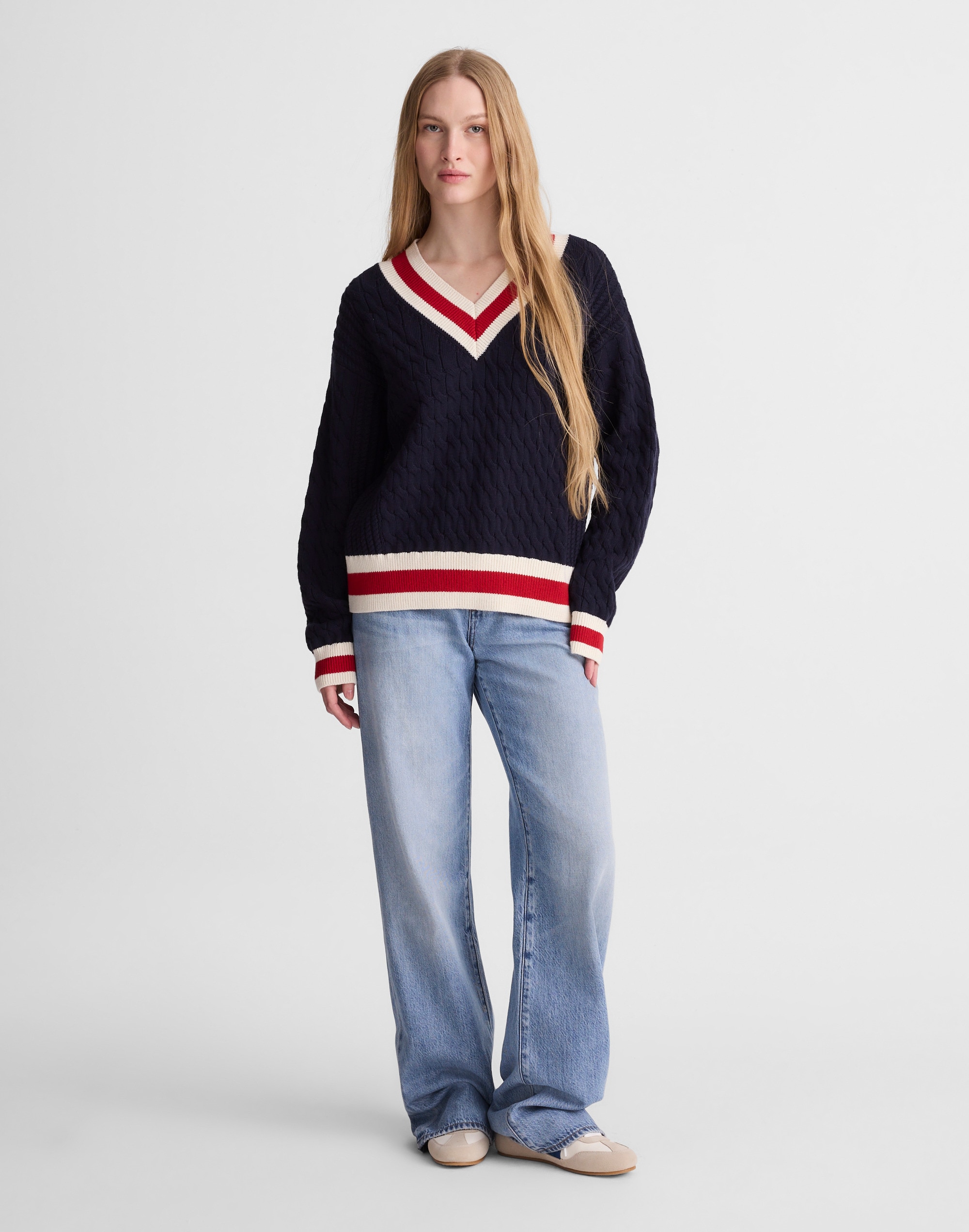 Cable-Knit V-Neck Varsity Sweater