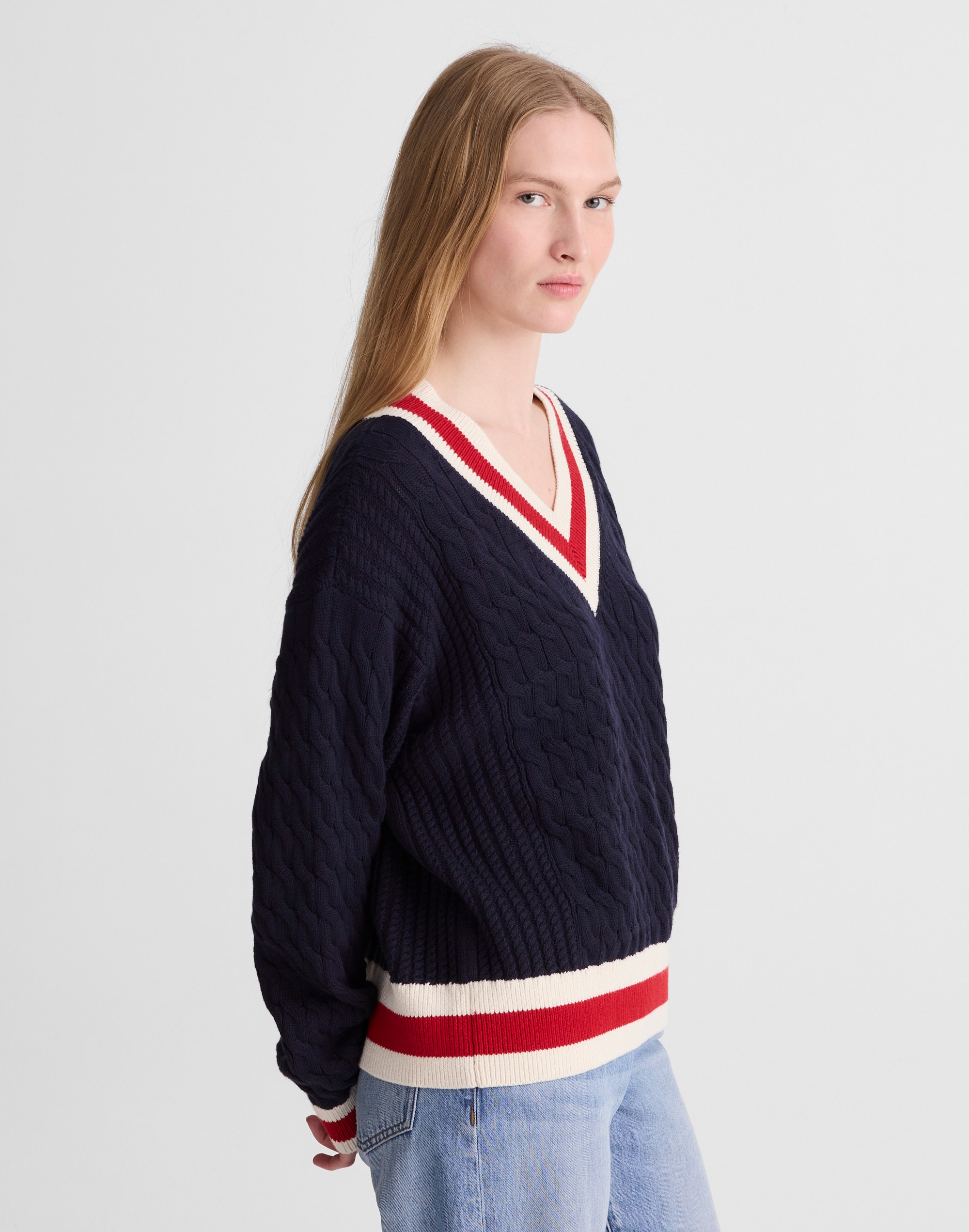 Cable-Knit V-Neck Varsity Sweater
