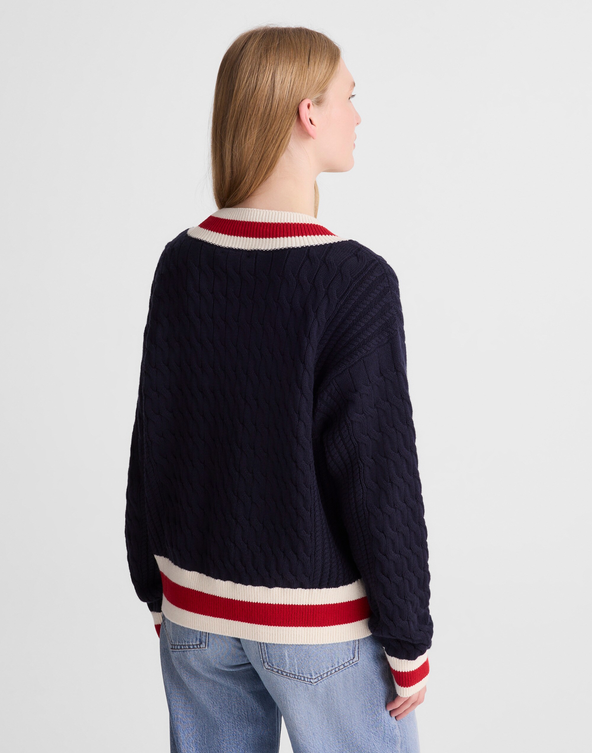 Cable-Knit V-Neck Varsity Sweater