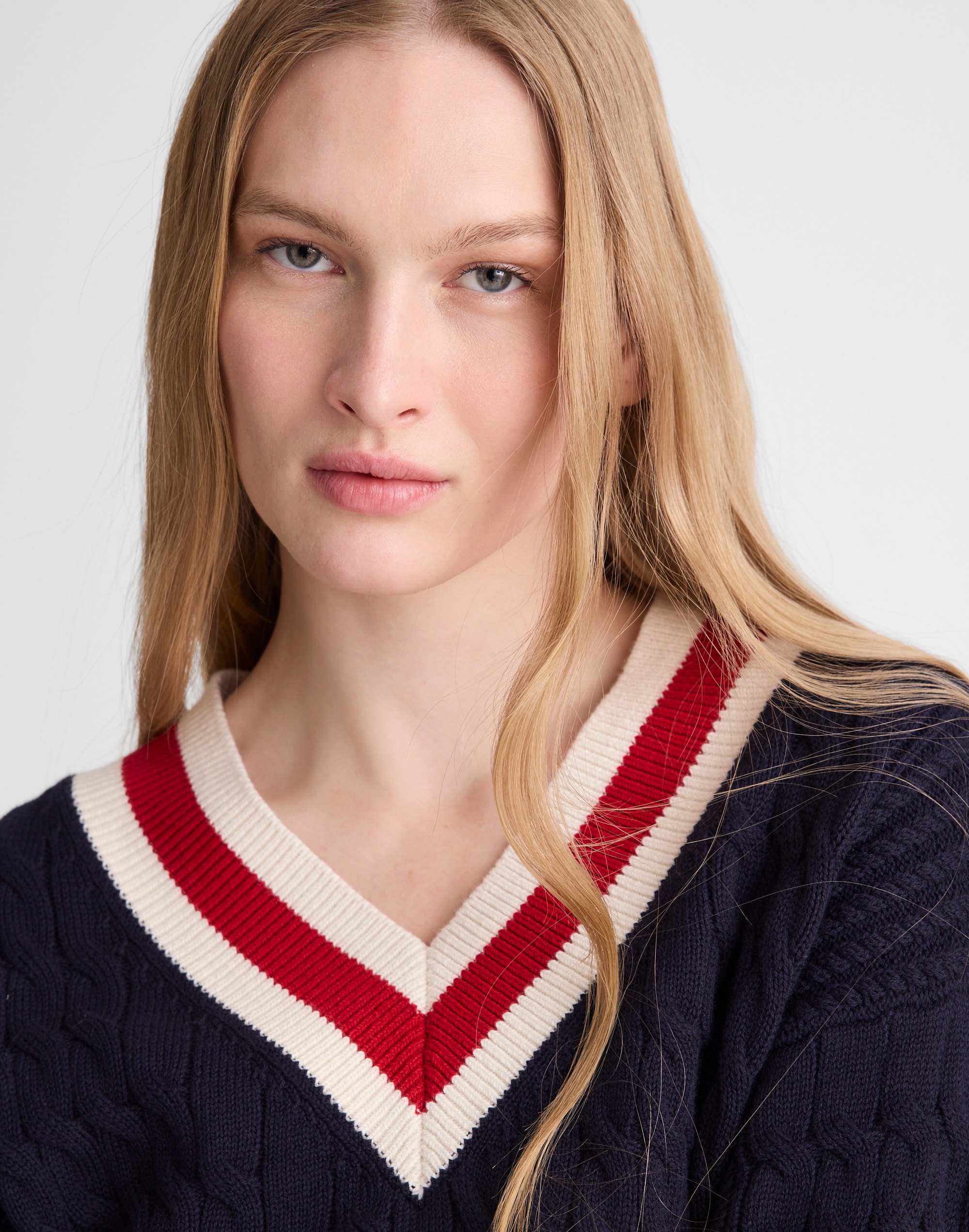 Cable-Knit V-Neck Varsity Sweater
