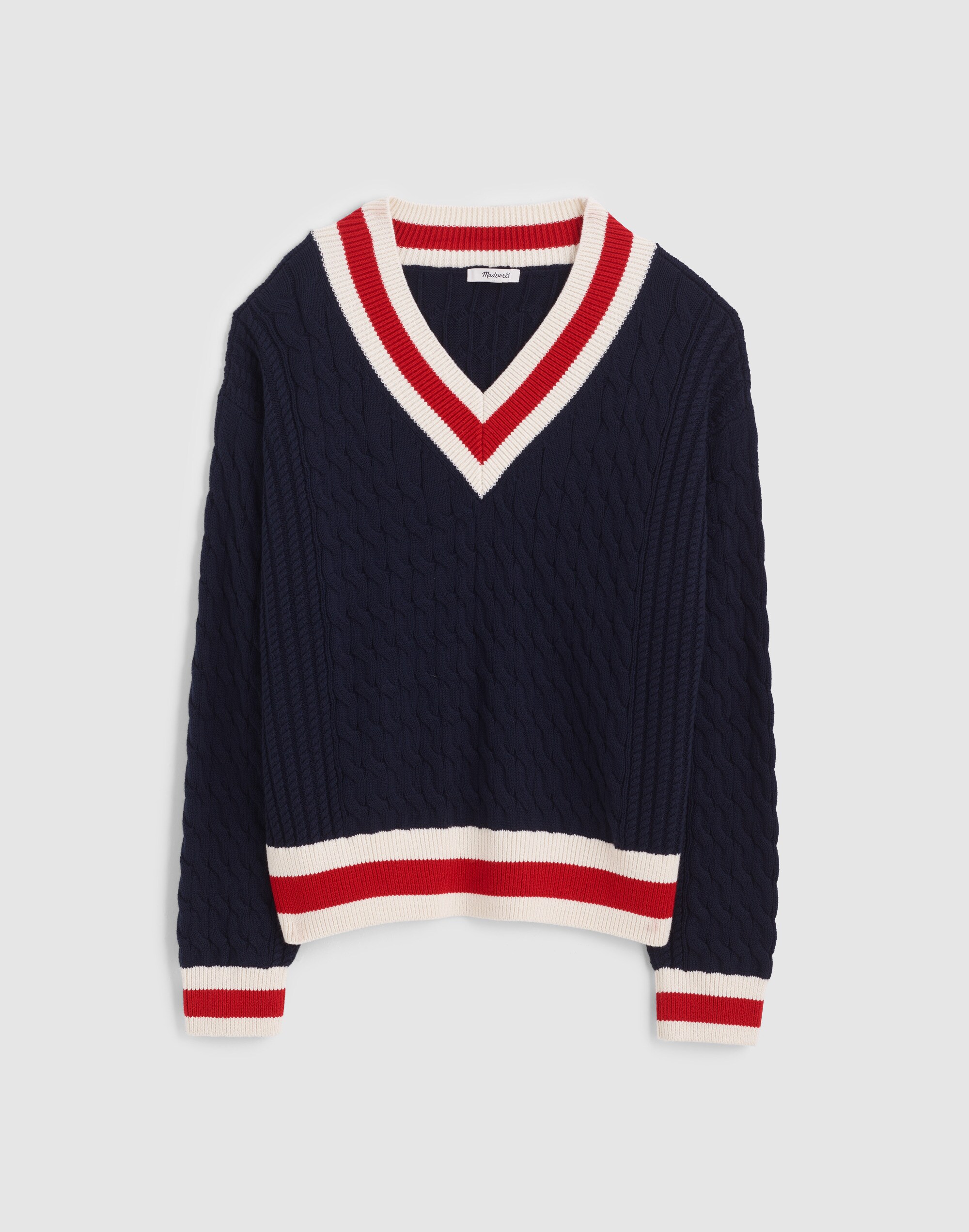 Cable-Knit V-Neck Varsity Sweater