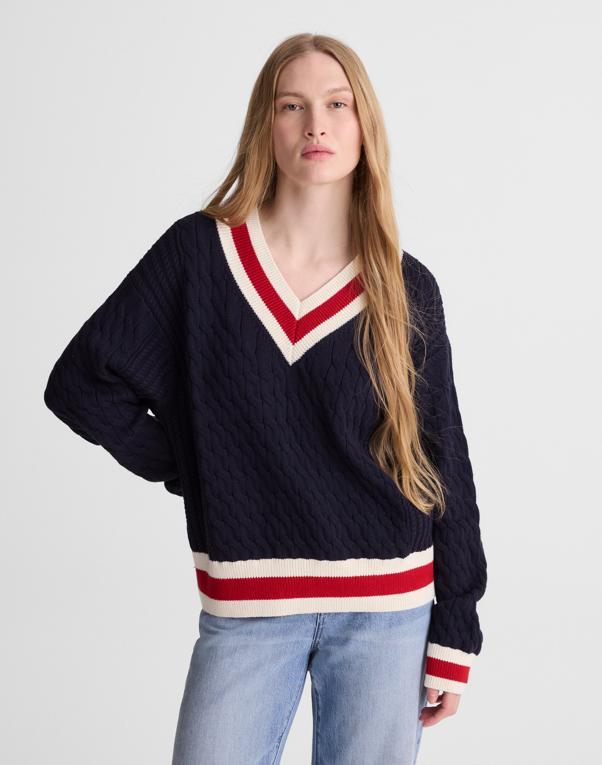 Cable-Knit V-Neck Varsity Sweater