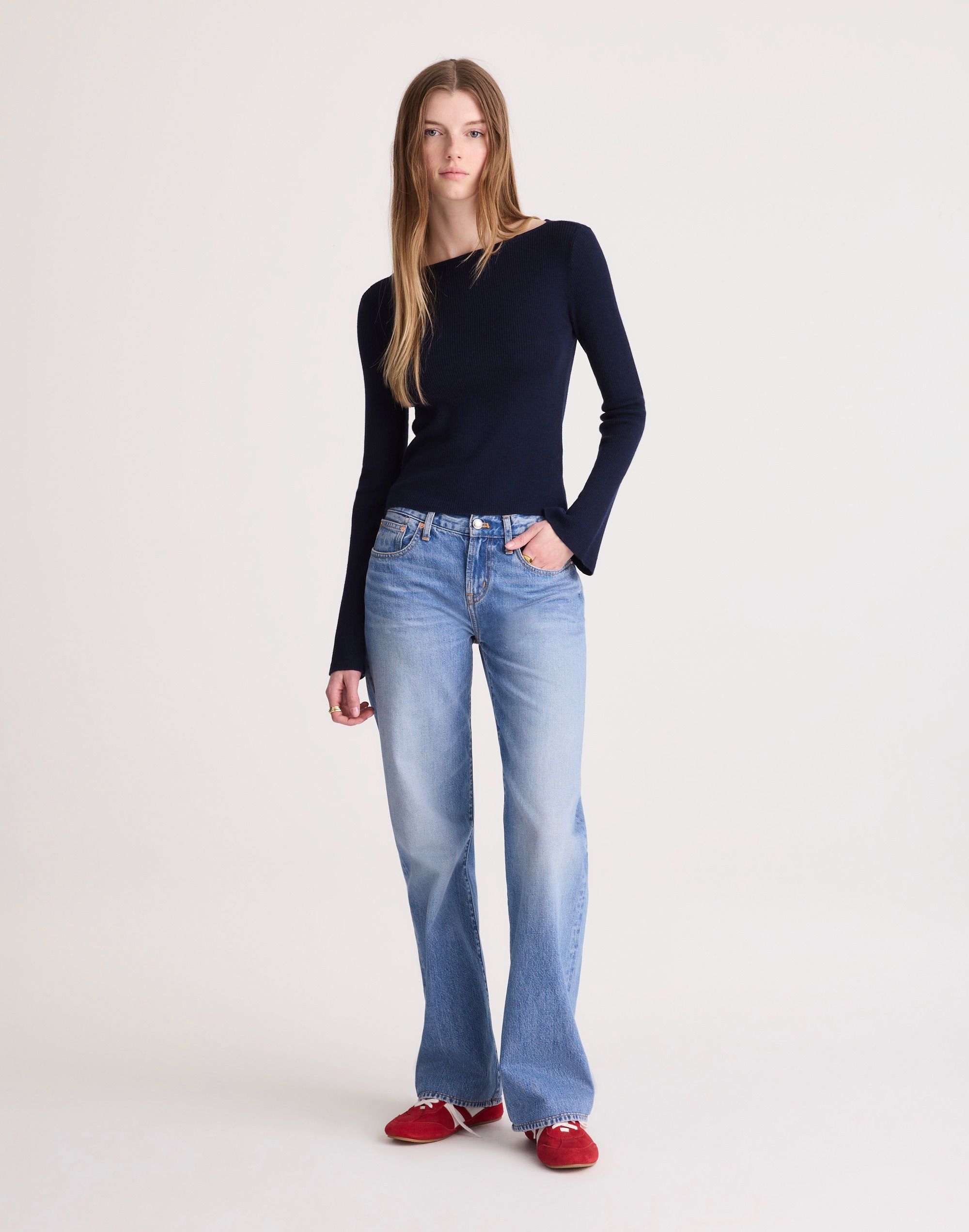 Flared-Sleeve Boatneck Sweater in Merino Wool-Silk Blend