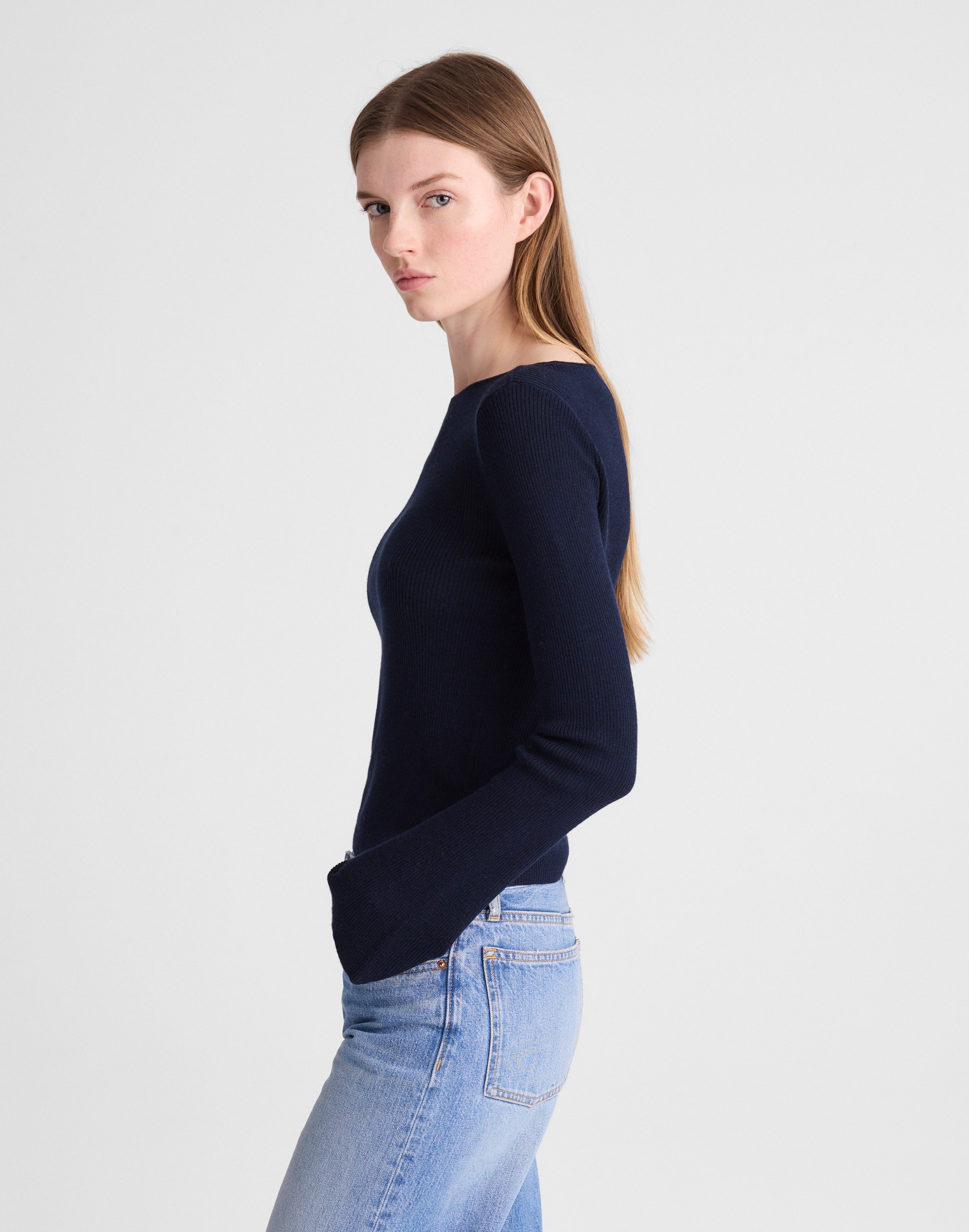 Flared-Sleeve Boatneck Sweater in Merino Wool-Silk Blend