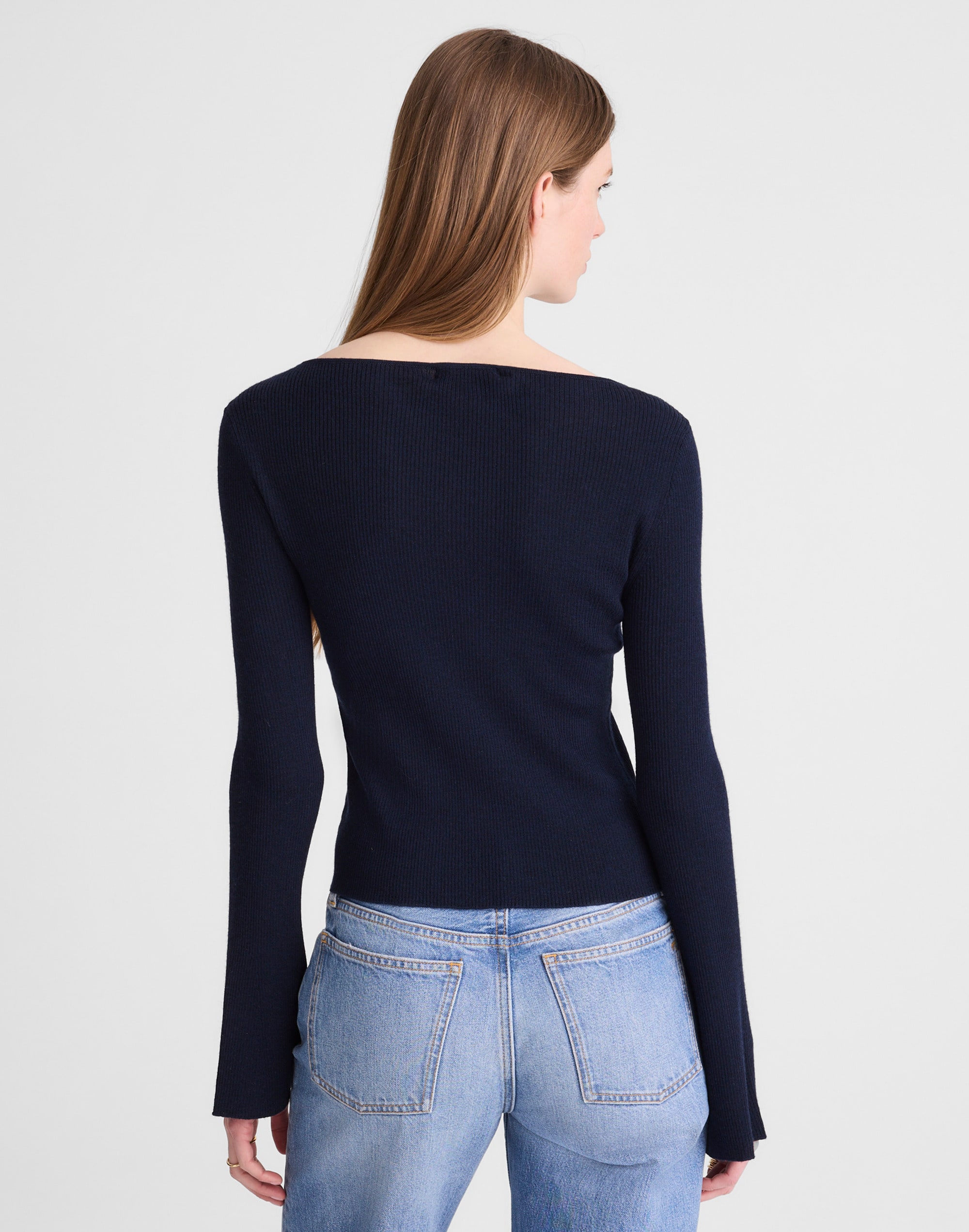 Flared-Sleeve Boatneck Sweater in Merino Wool-Silk Blend